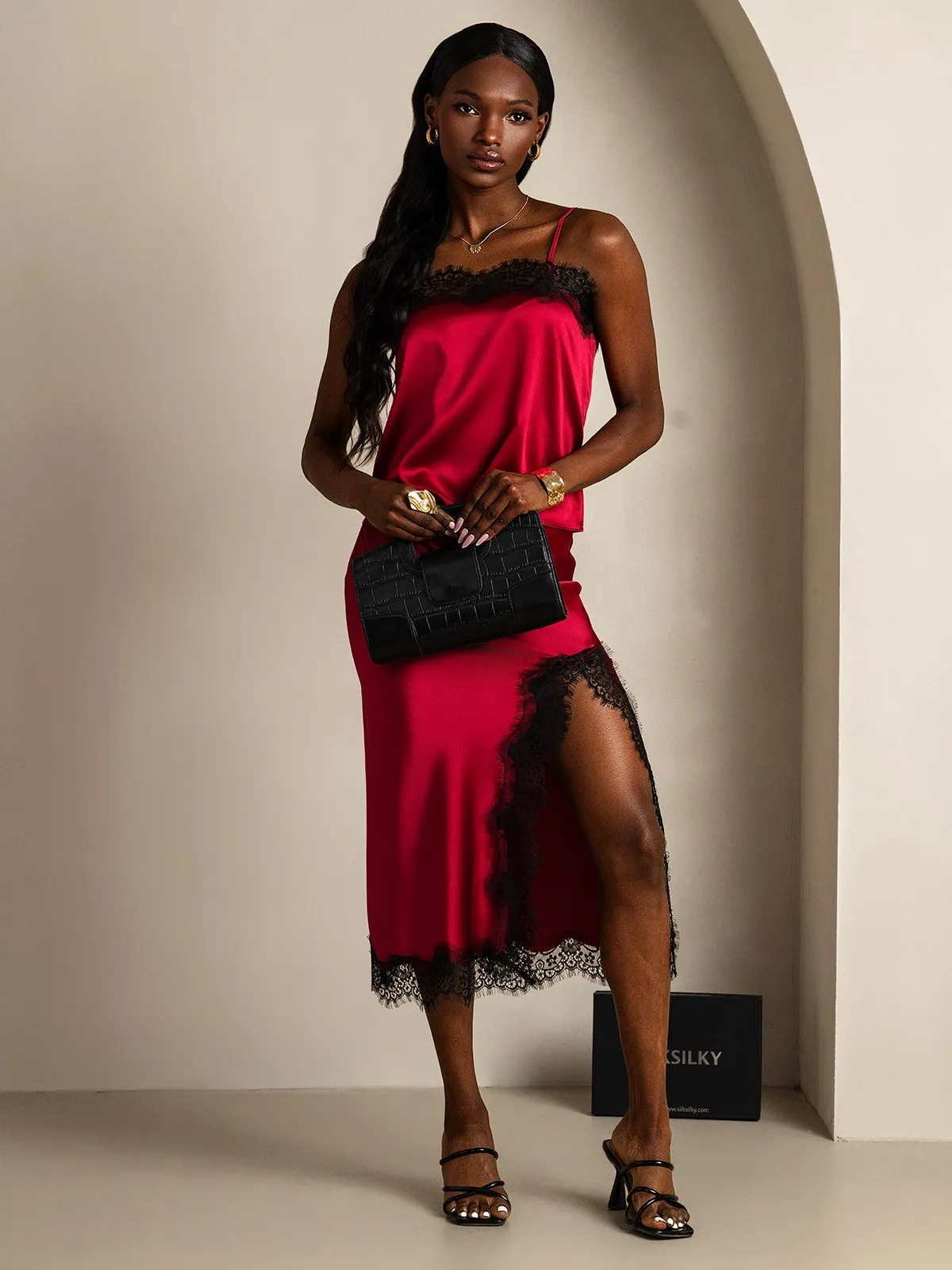 19Momme Silk Spaghetti Strap Camisole Slit Skirt Set