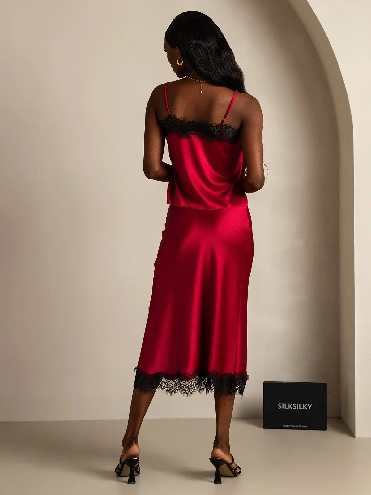 19Momme Silk Spaghetti Strap Camisole Slit Skirt Set