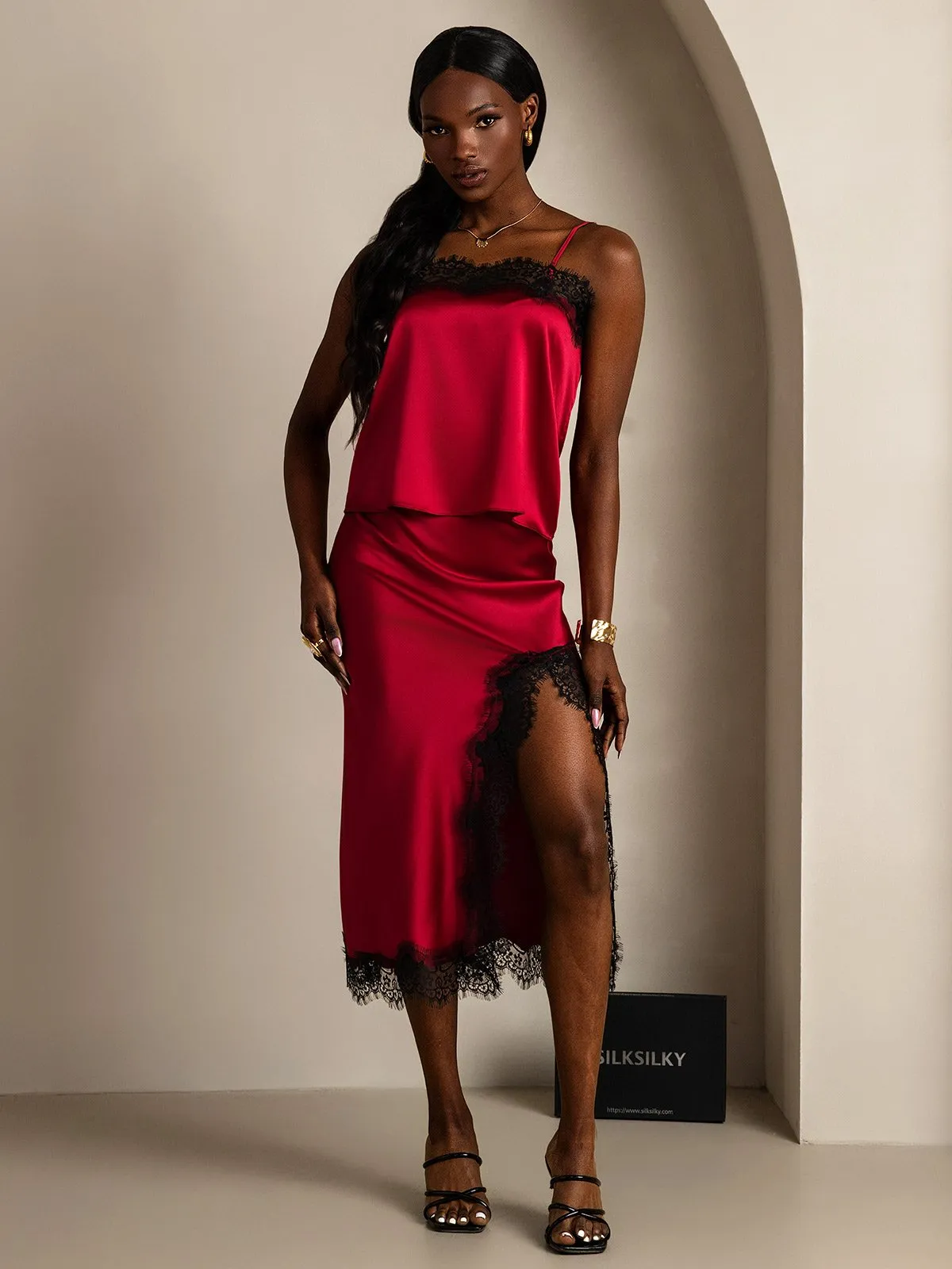 19Momme Silk Spaghetti Strap Camisole Slit Skirt Set