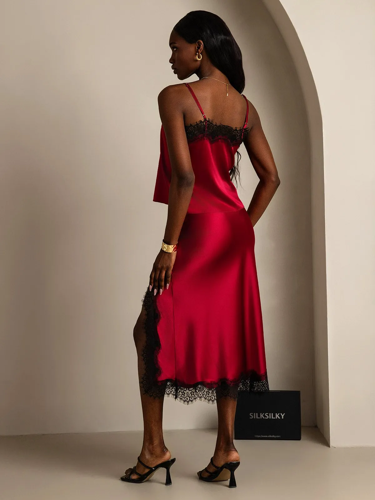 19Momme Silk Spaghetti Strap Camisole Slit Skirt Set