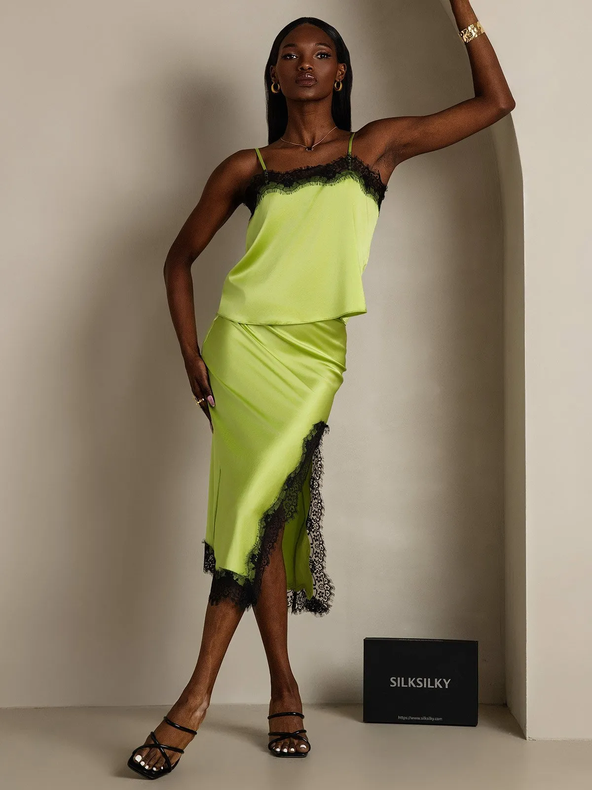 19Momme Silk Spaghetti Strap Camisole Slit Skirt Set