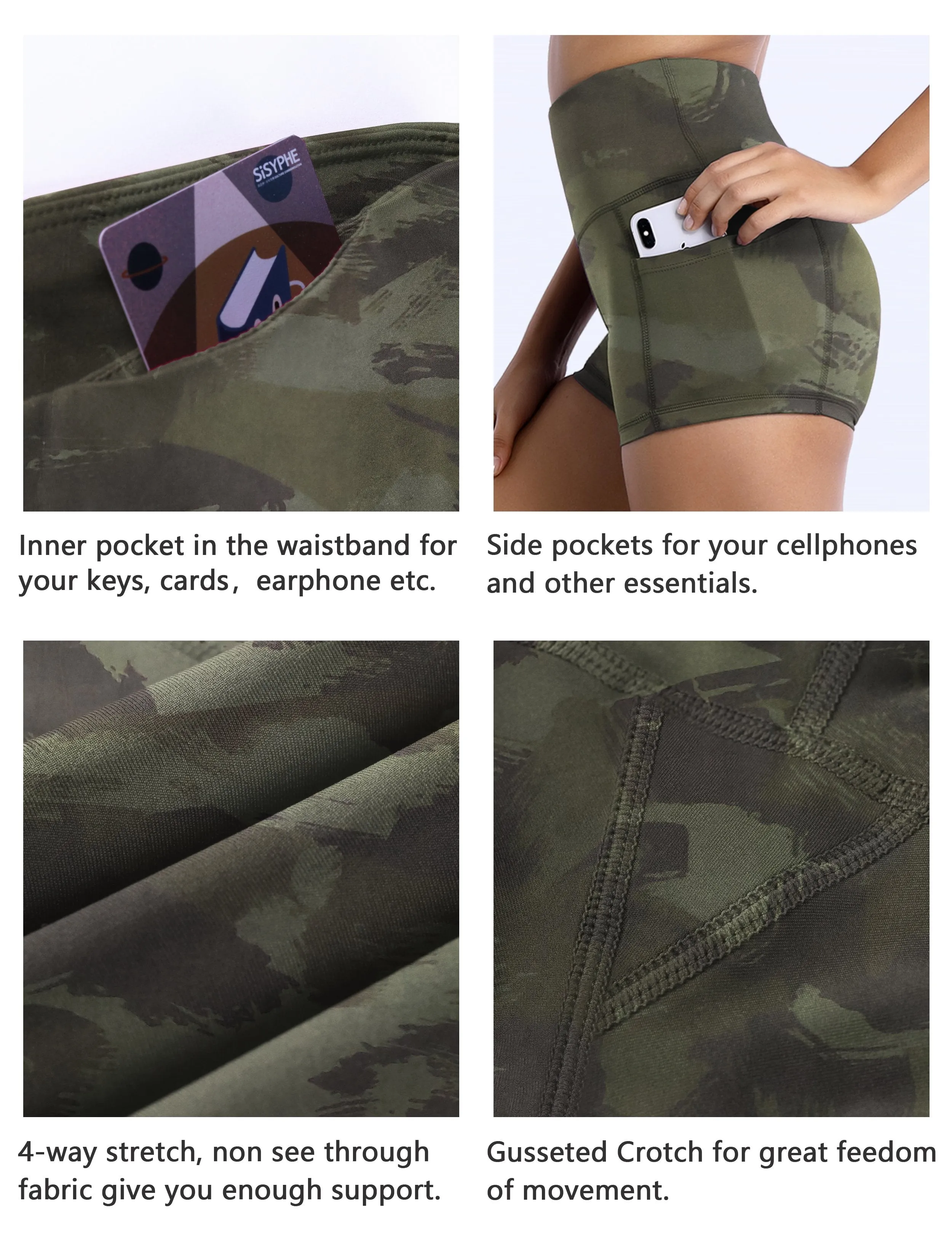 2.5" Printed Side Pockets Yoga Shorts green brushcamo