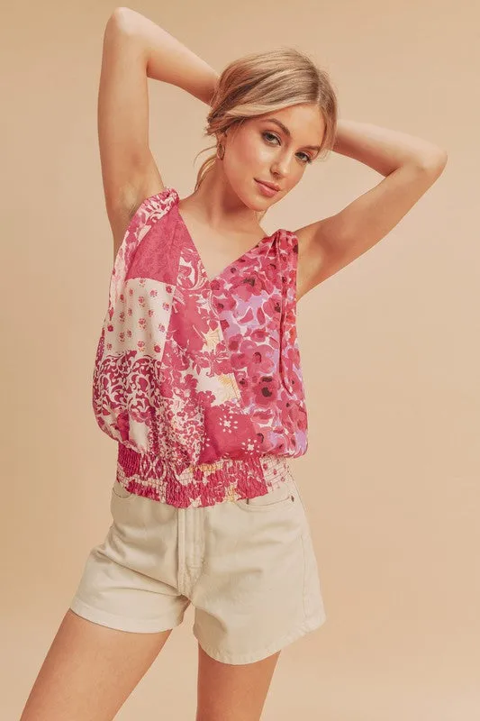 Aemi   Co Smocked Hem Printed Surplice Tank