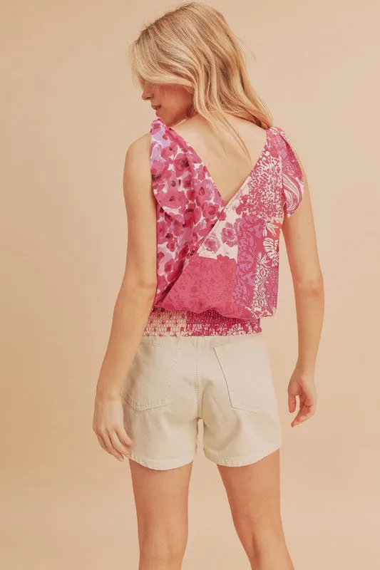 Aemi   Co Smocked Hem Printed Surplice Tank