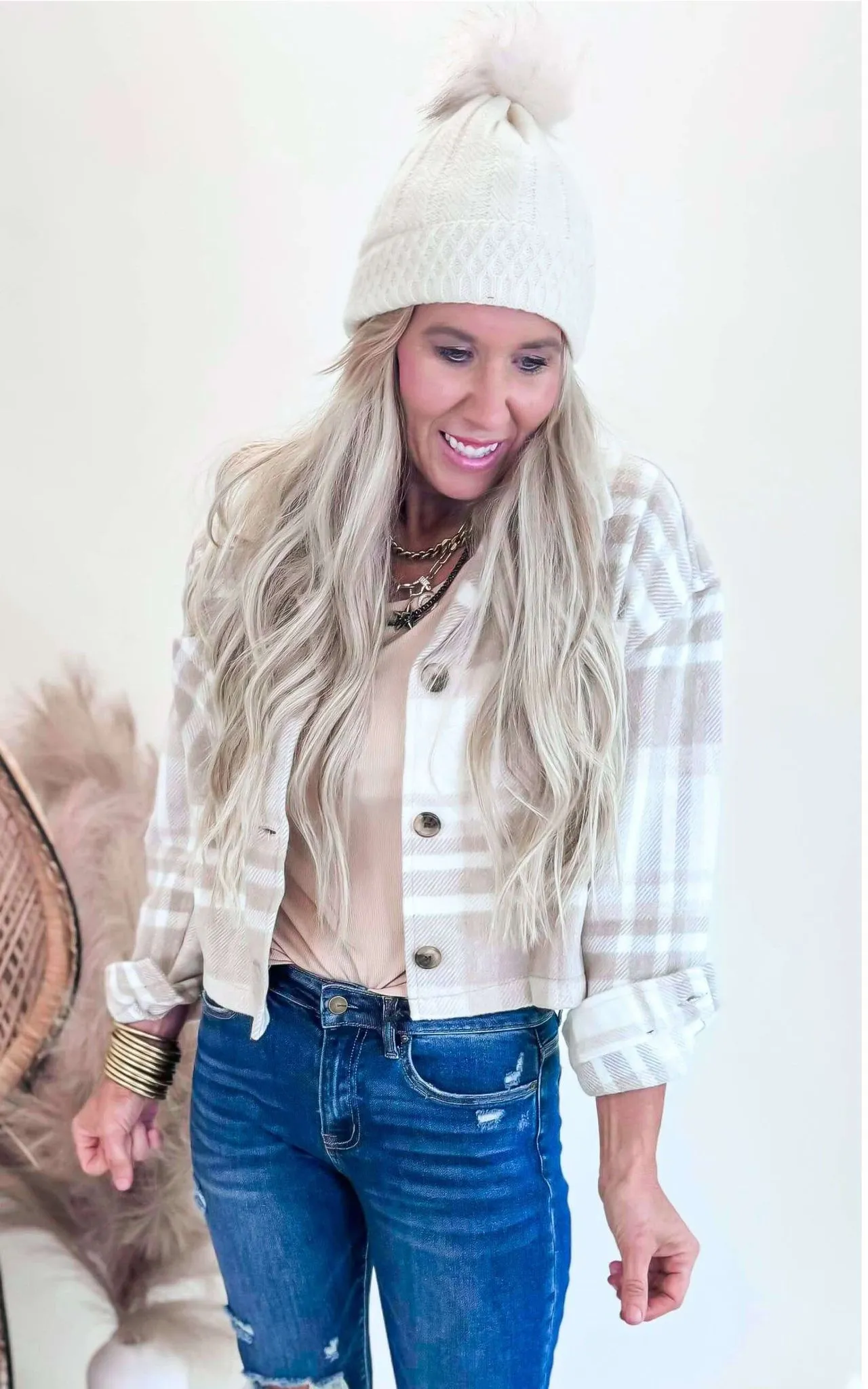 Beige Classic Plaid Cropped Shacket - Final Sale