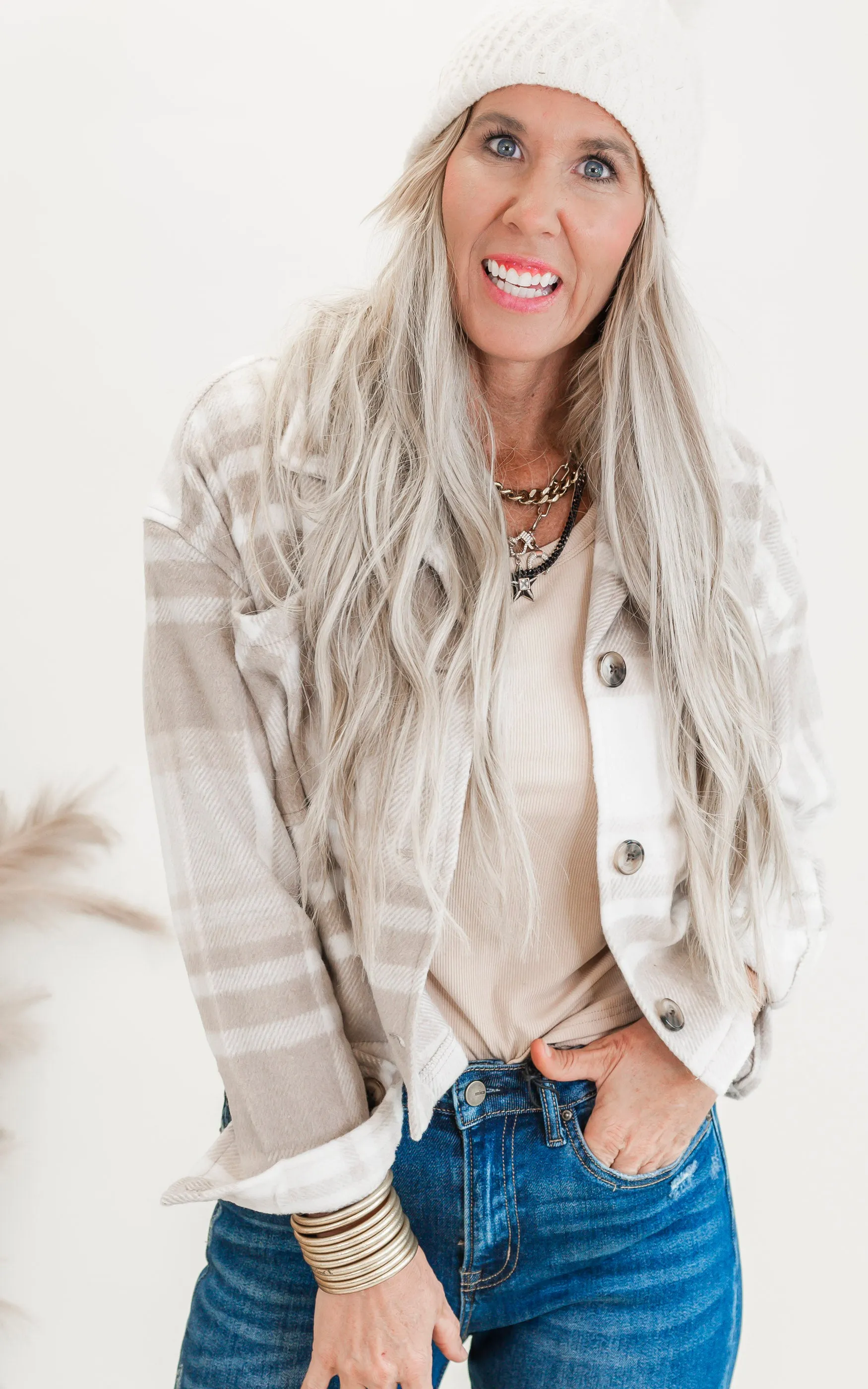 Beige Classic Plaid Cropped Shacket - Final Sale