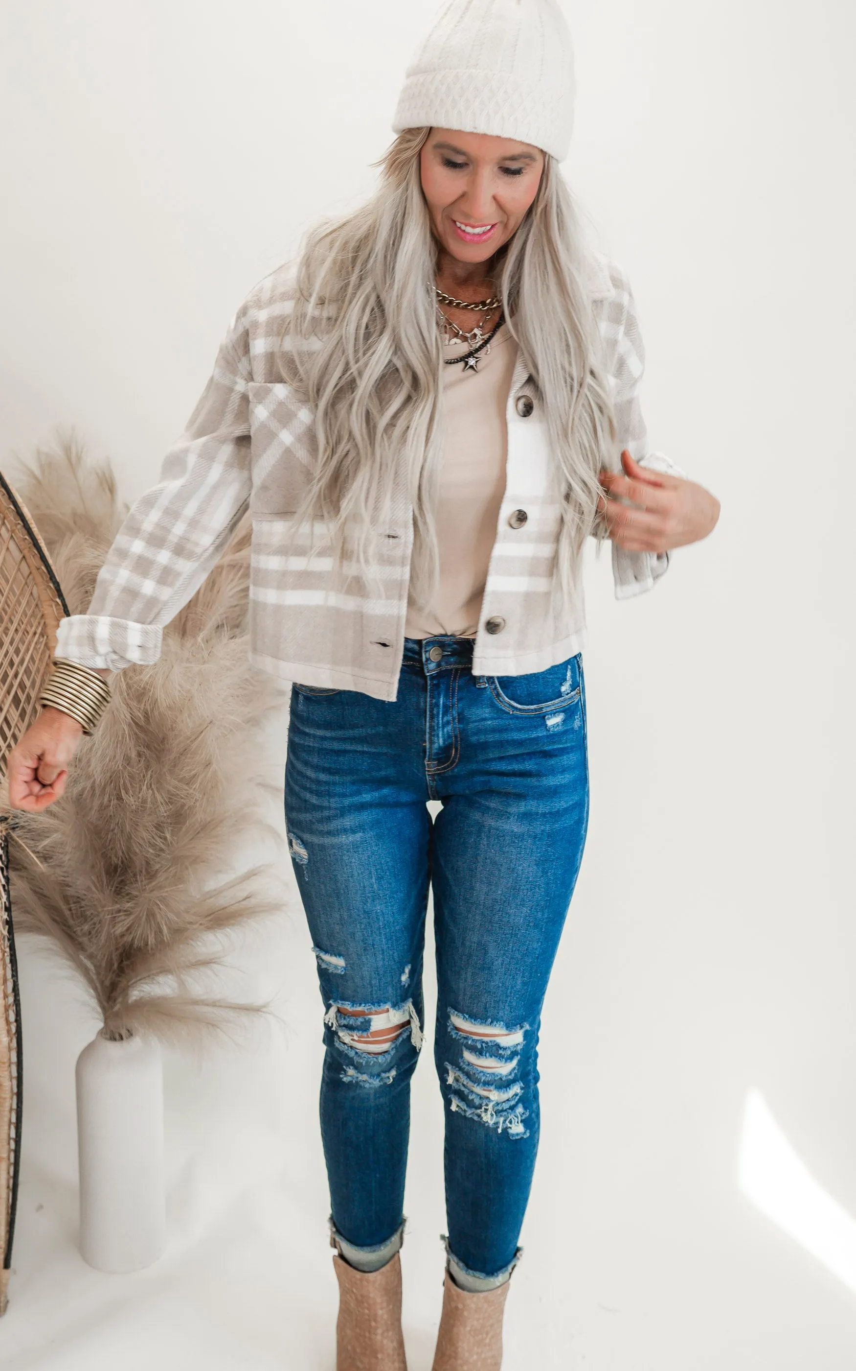 Beige Classic Plaid Cropped Shacket - Final Sale