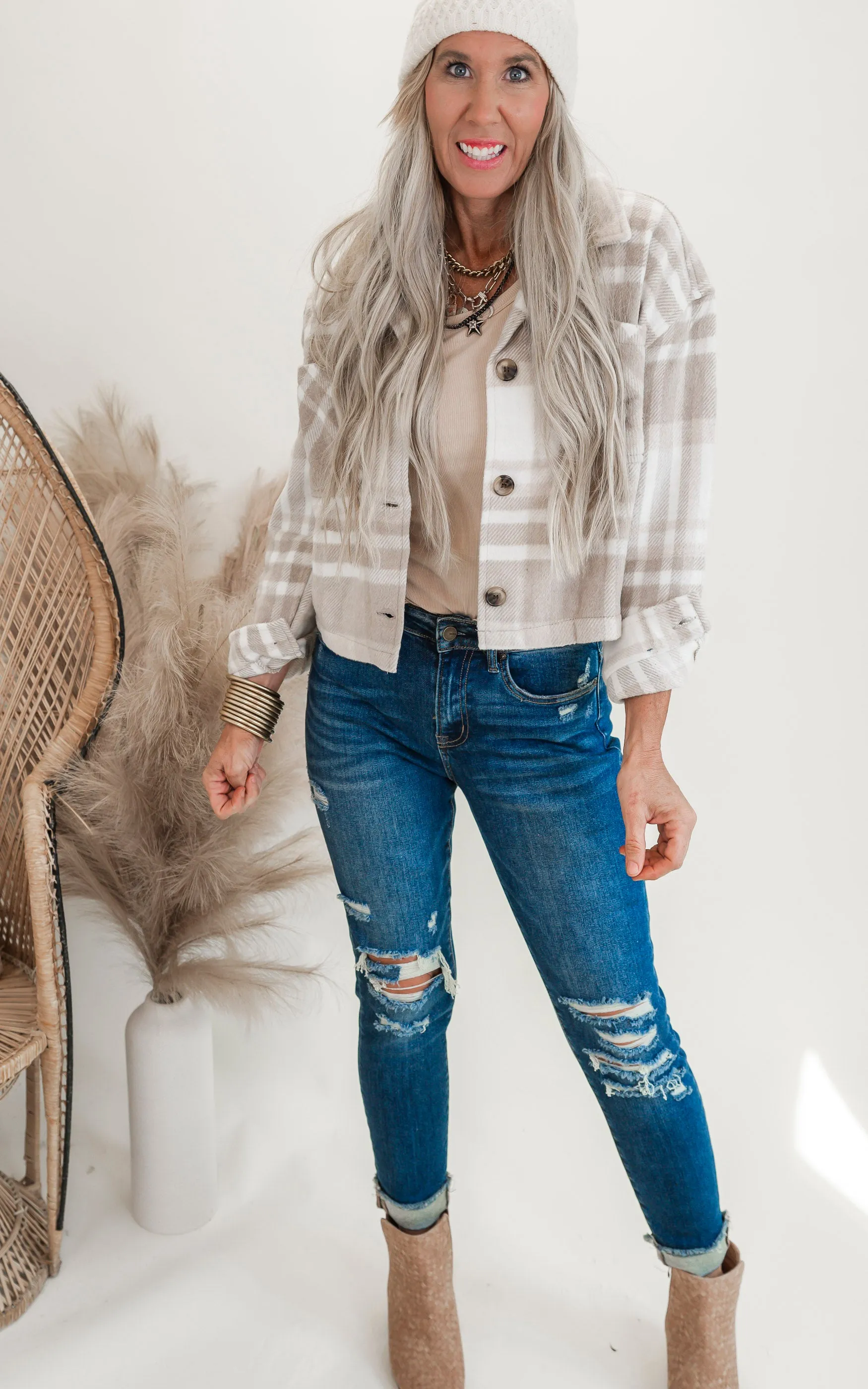 Beige Classic Plaid Cropped Shacket - Final Sale