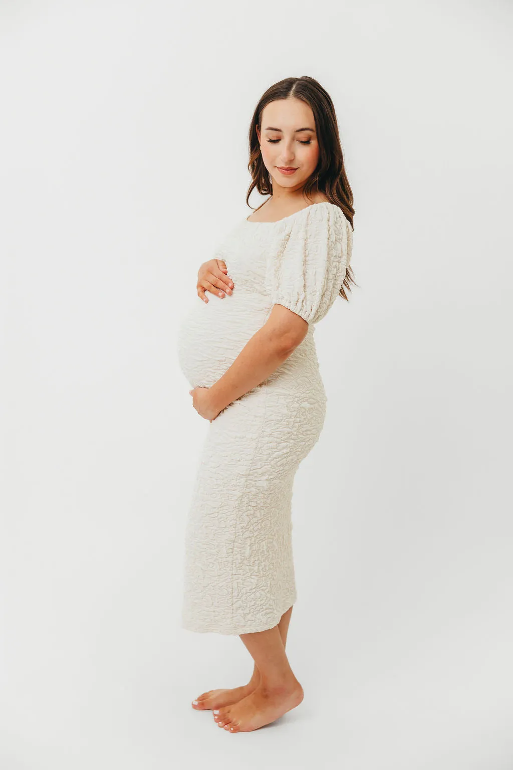 Blakeley Textured Midi Dress in Ivory- Bump Friendly & Inclusive Sizing (S-3XL)