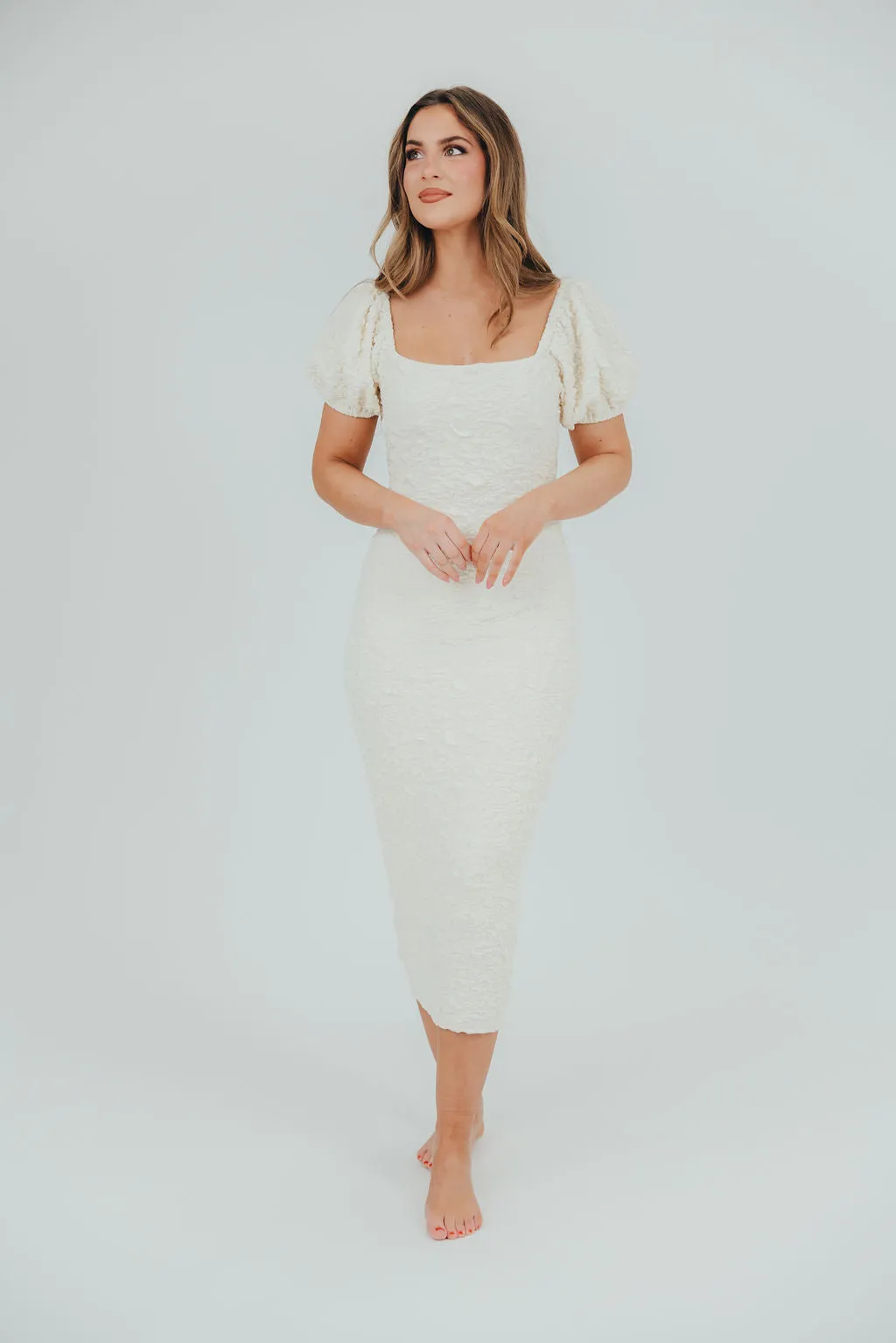 Blakeley Textured Midi Dress in Ivory- Bump Friendly & Inclusive Sizing (S-3XL)