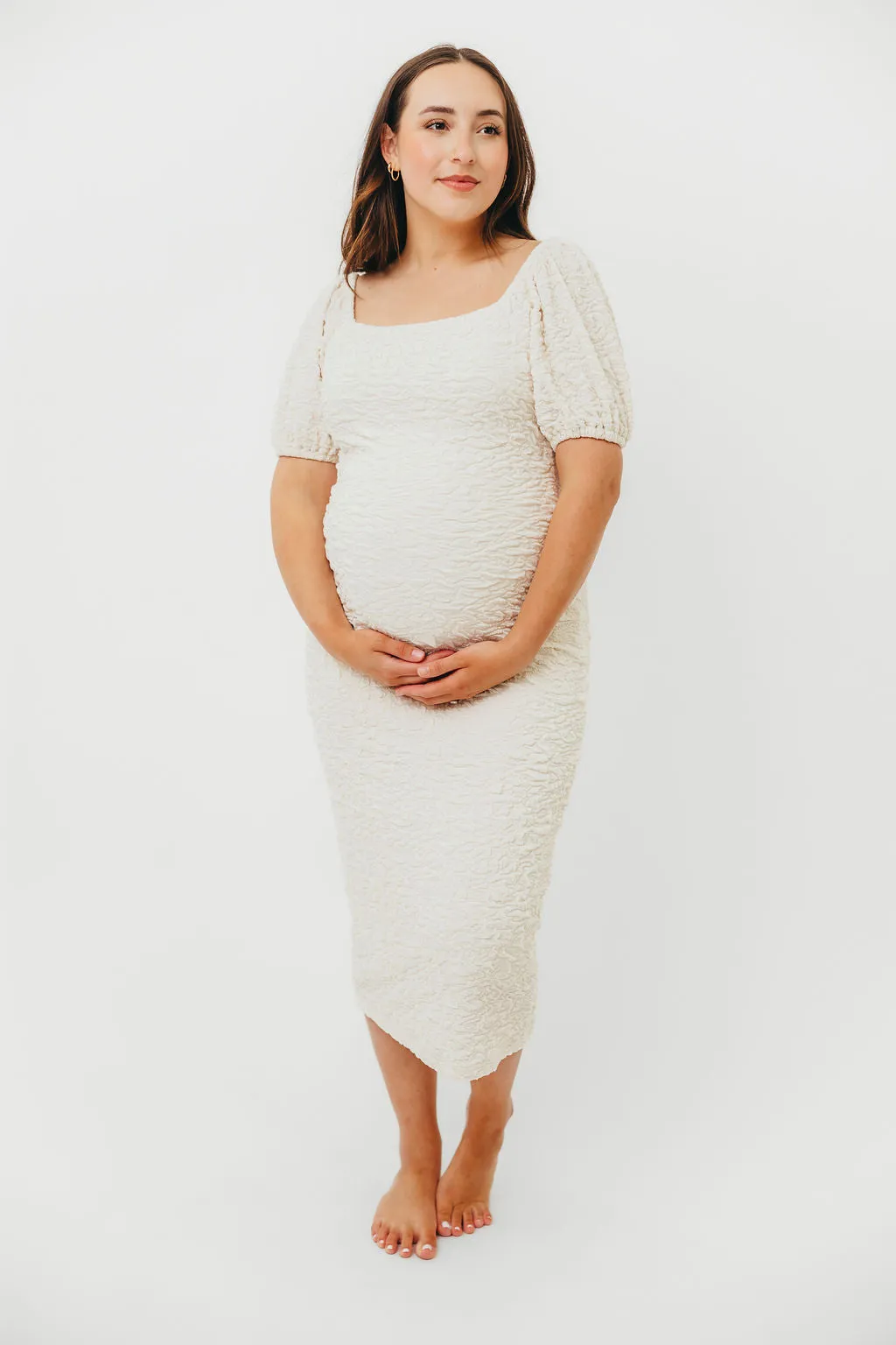 Blakeley Textured Midi Dress in Ivory- Bump Friendly & Inclusive Sizing (S-3XL)