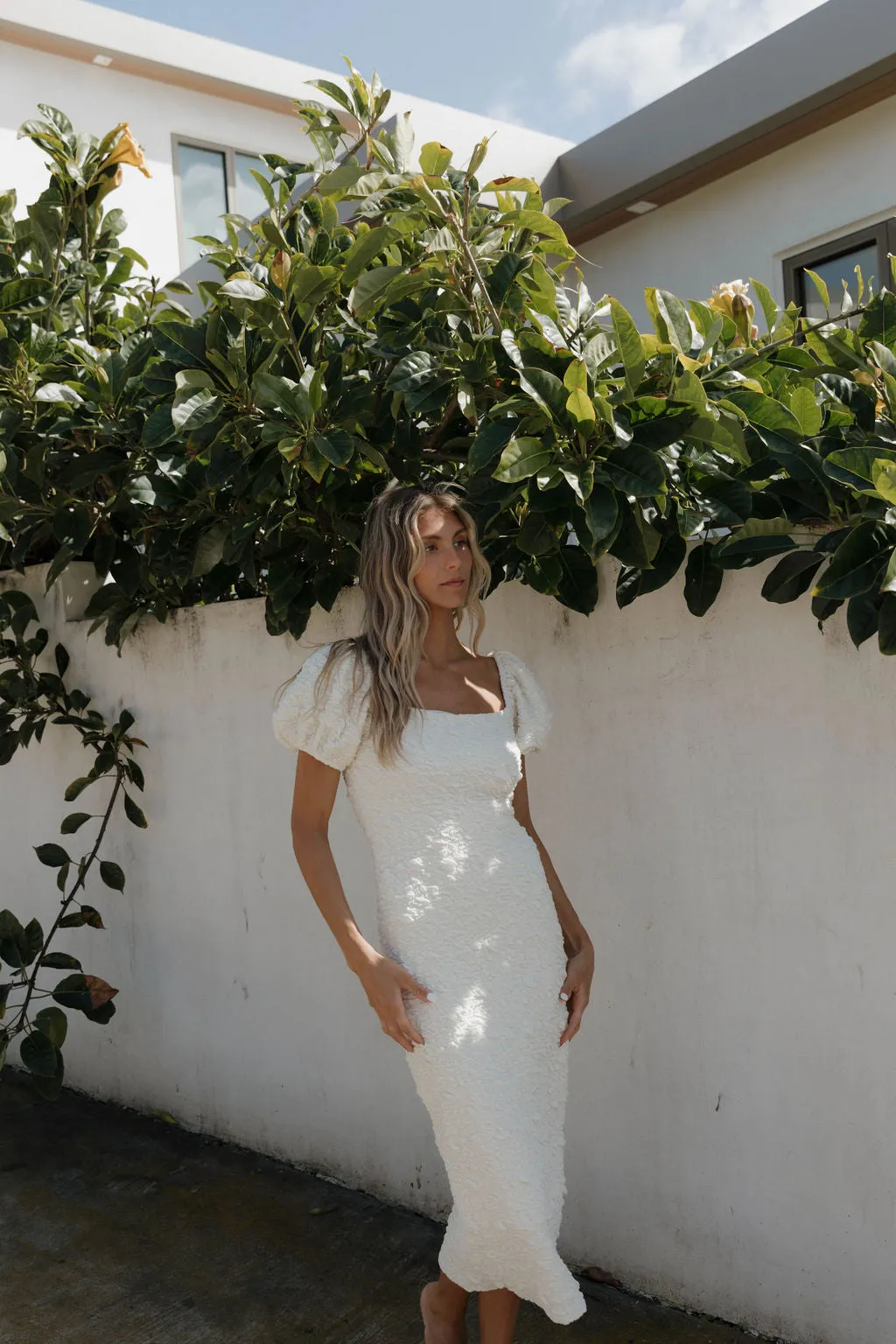Blakeley Textured Midi Dress in Ivory- Bump Friendly & Inclusive Sizing (S-3XL)