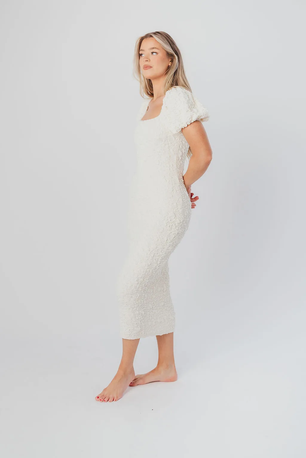 Blakeley Textured Midi Dress in Ivory- Bump Friendly & Inclusive Sizing (S-3XL)