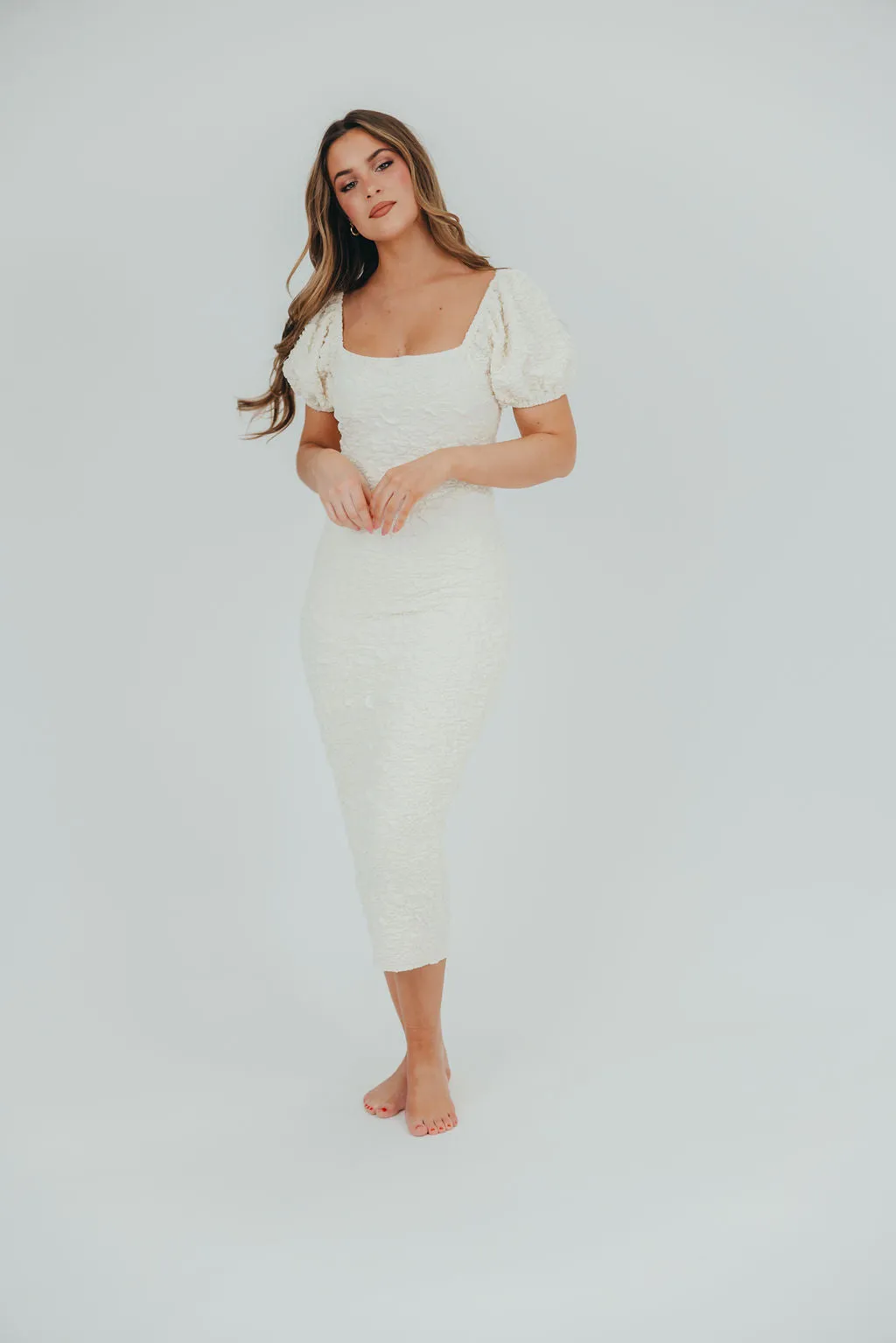 Blakeley Textured Midi Dress in Ivory- Bump Friendly & Inclusive Sizing (S-3XL)
