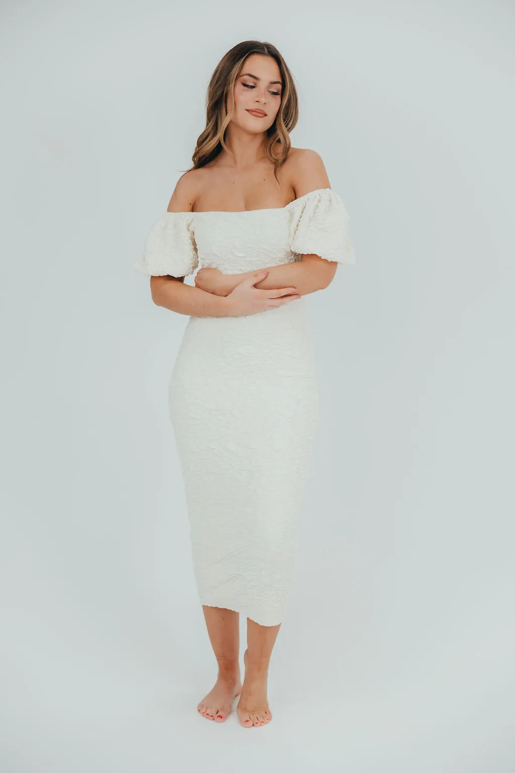 Blakeley Textured Midi Dress in Ivory- Bump Friendly & Inclusive Sizing (S-3XL)