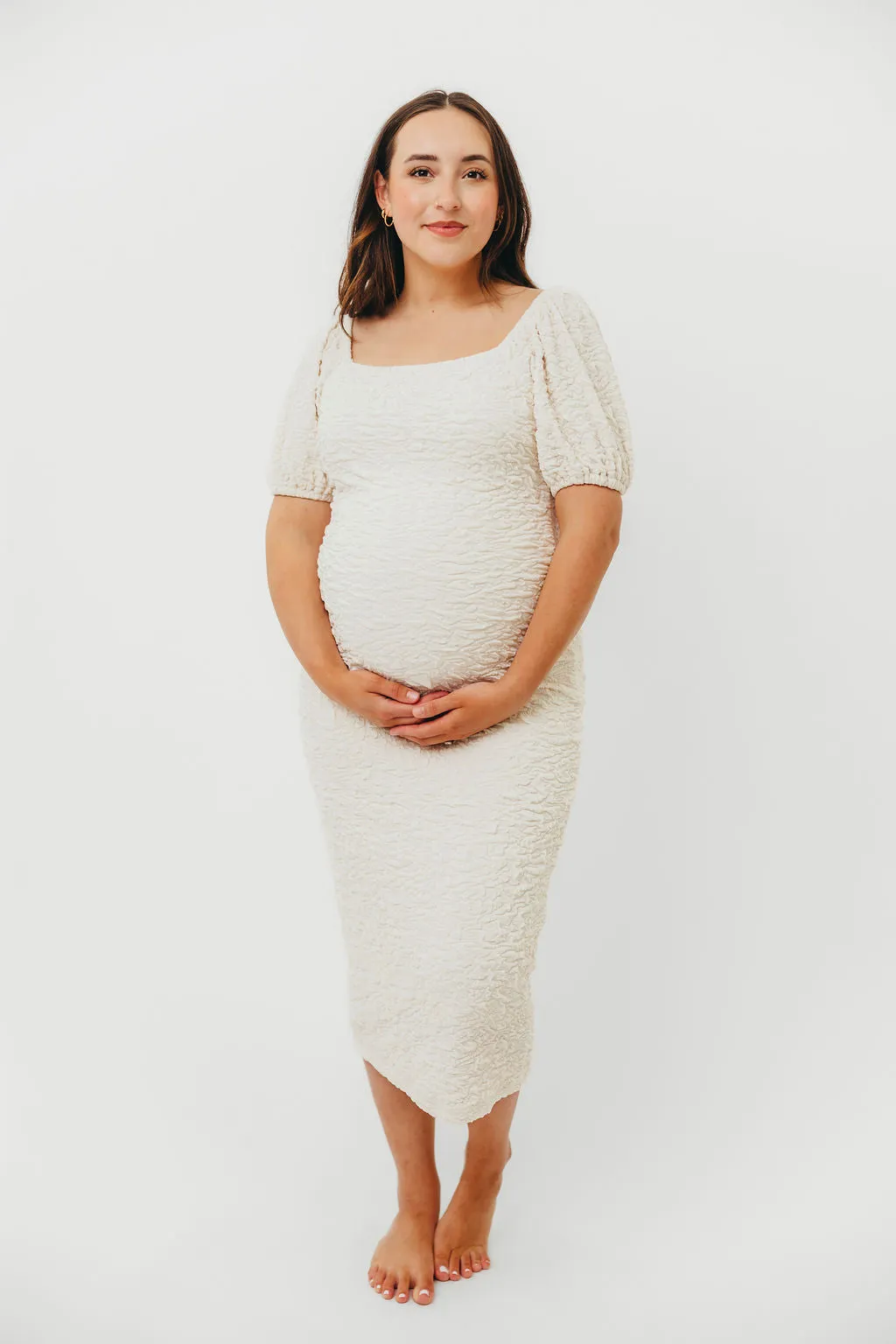 Blakeley Textured Midi Dress in Ivory- Bump Friendly & Inclusive Sizing (S-3XL)