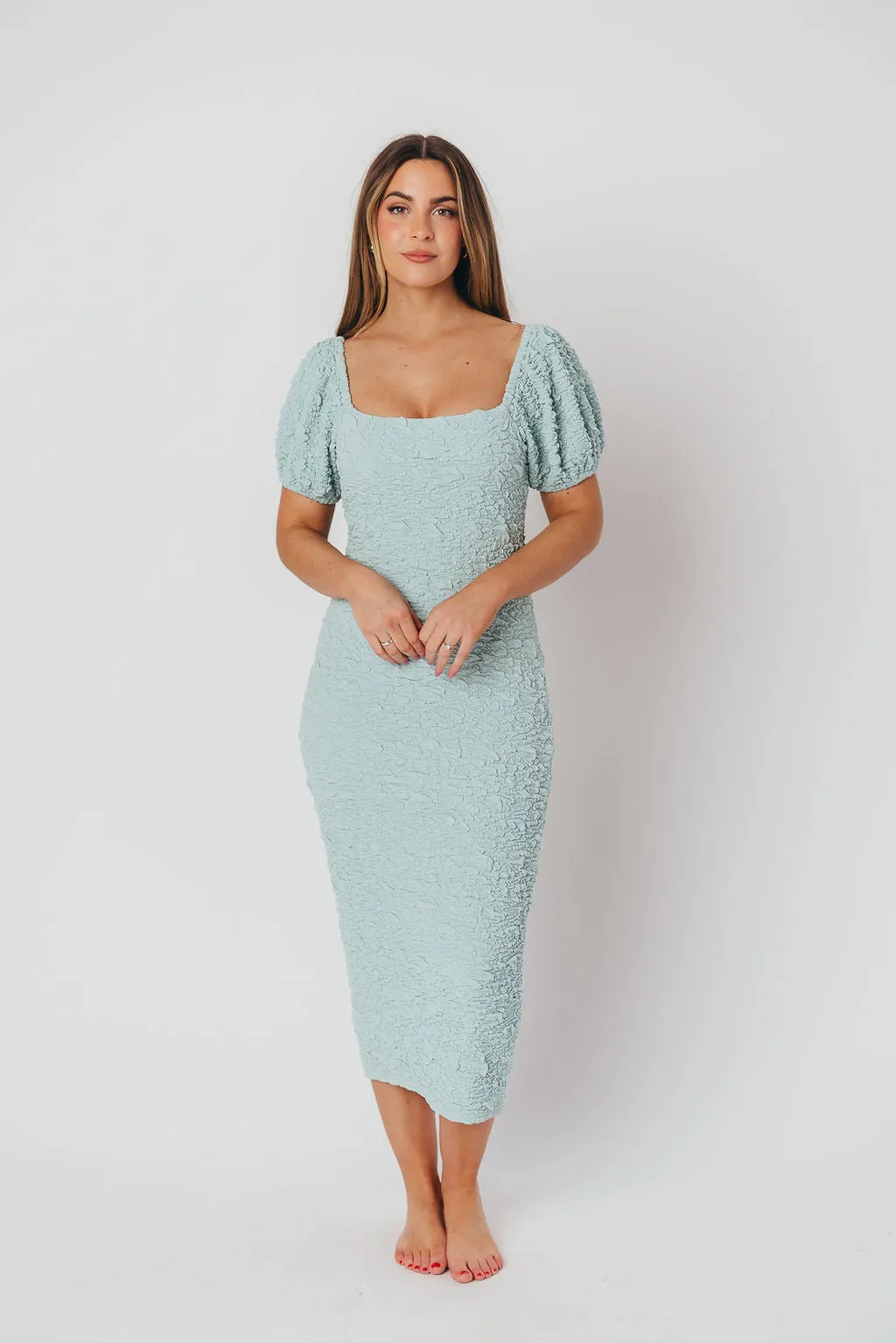 Blakeley Textured Midi Dress in Seafoam- Bump Friendly