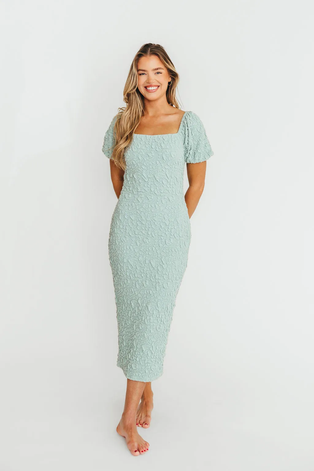 Blakeley Textured Midi Dress in Seafoam- Bump Friendly