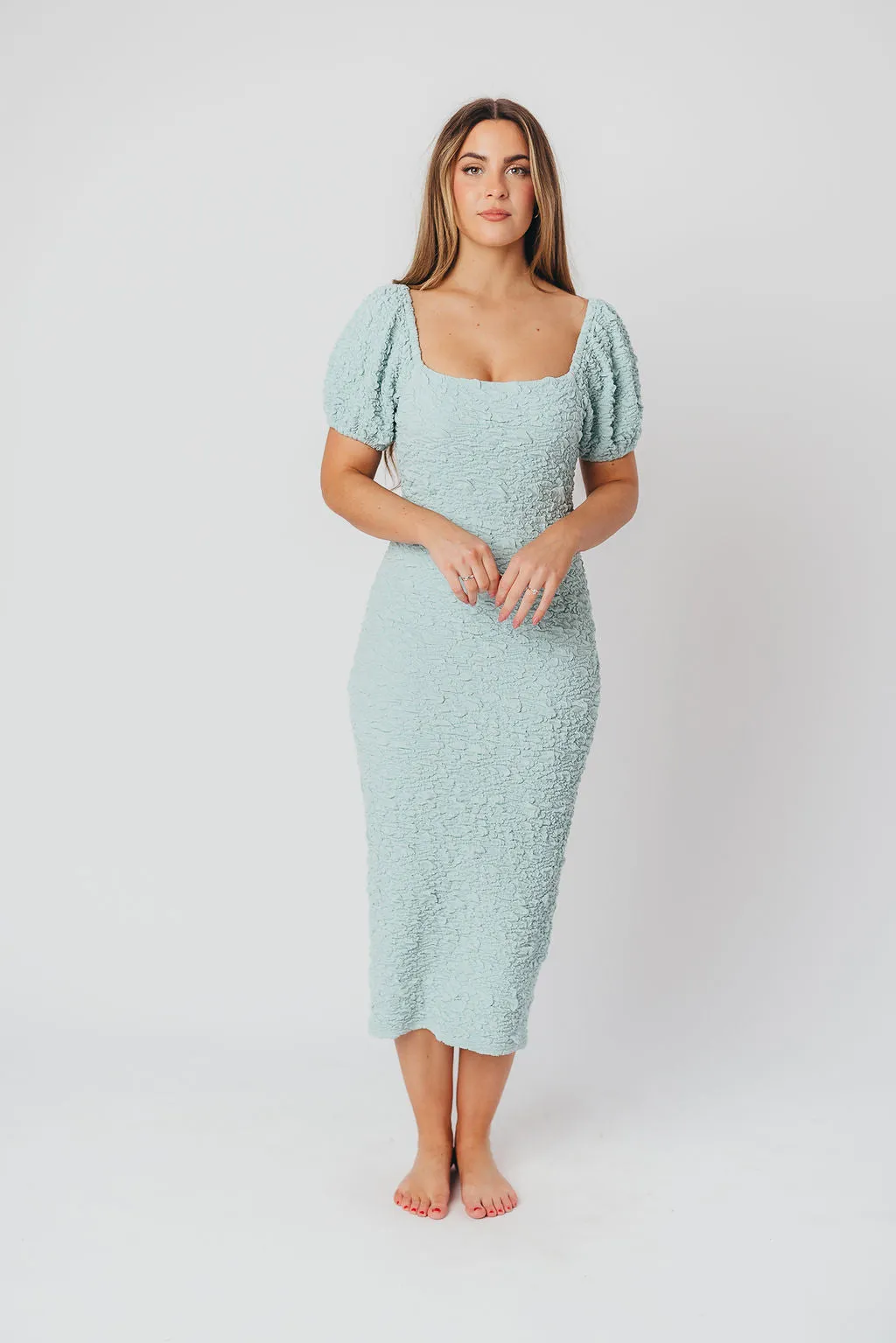 Blakeley Textured Midi Dress in Seafoam- Bump Friendly