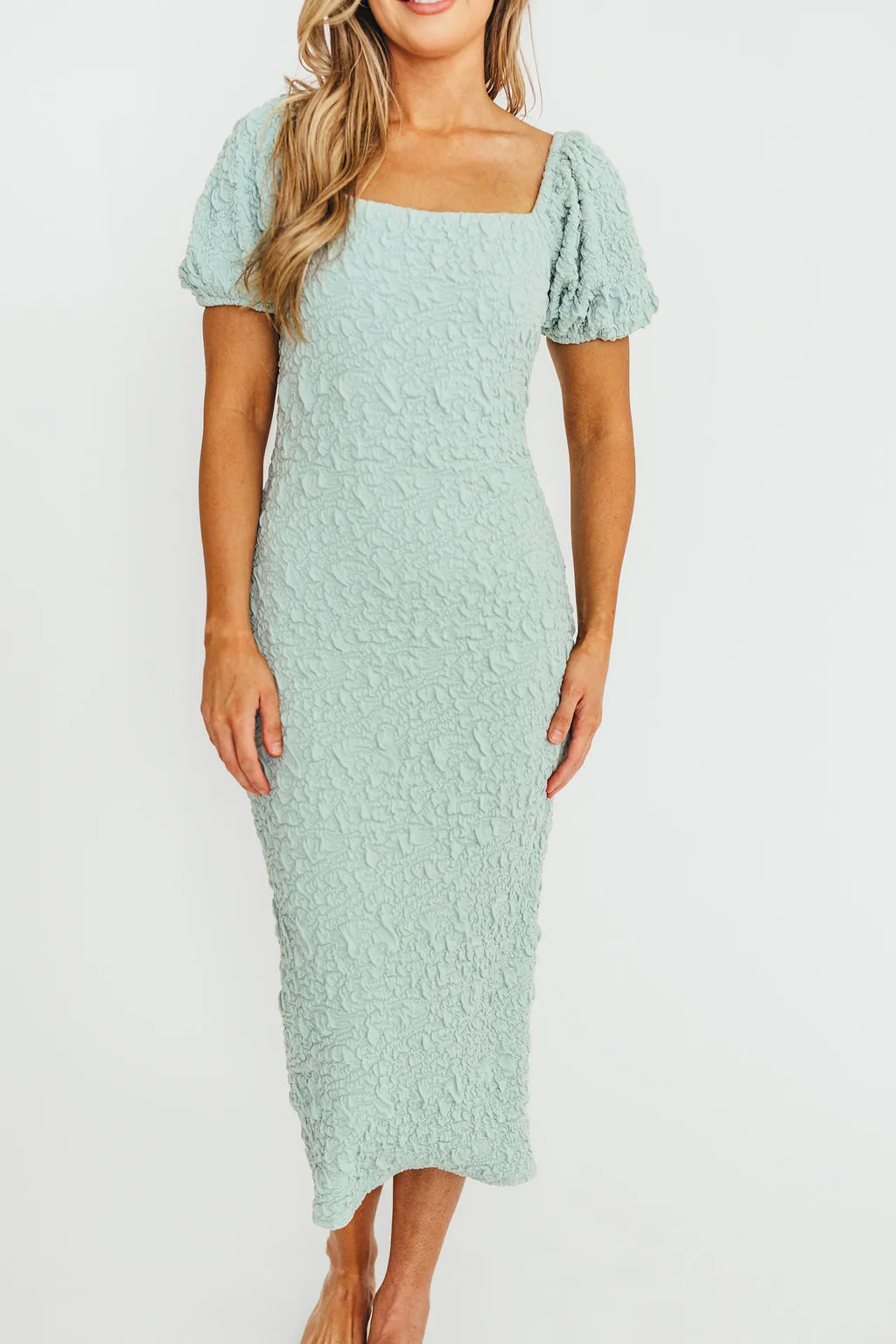 Blakeley Textured Midi Dress in Seafoam- Bump Friendly