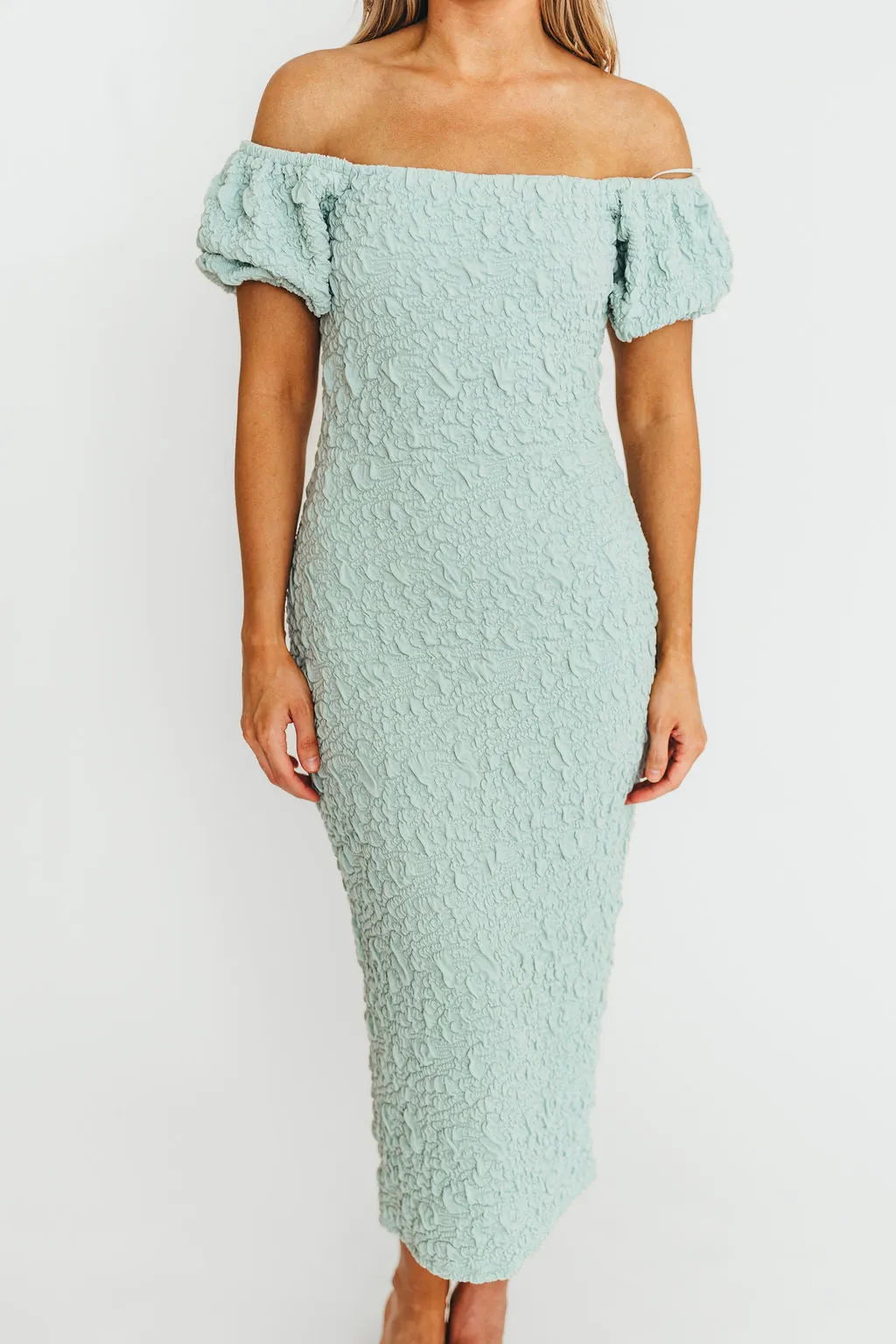 Blakeley Textured Midi Dress in Seafoam- Bump Friendly
