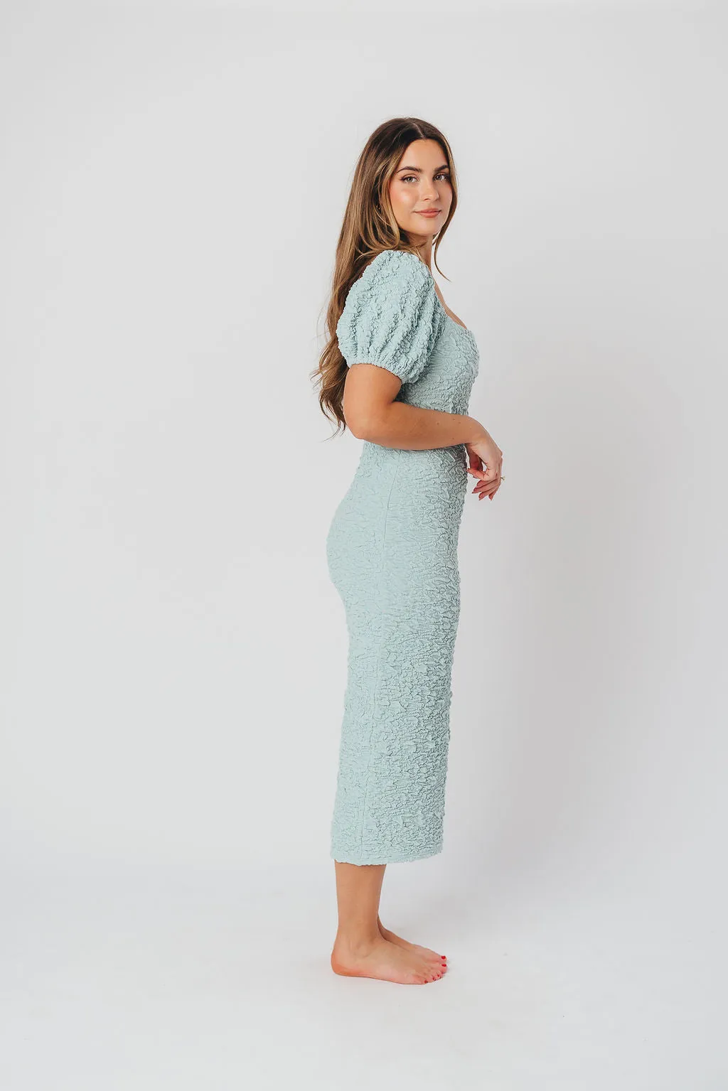 Blakeley Textured Midi Dress in Seafoam- Bump Friendly