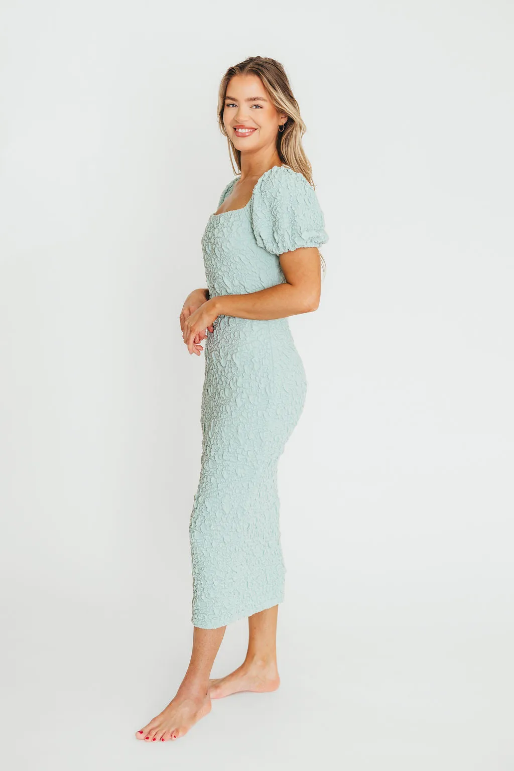 Blakeley Textured Midi Dress in Seafoam- Bump Friendly