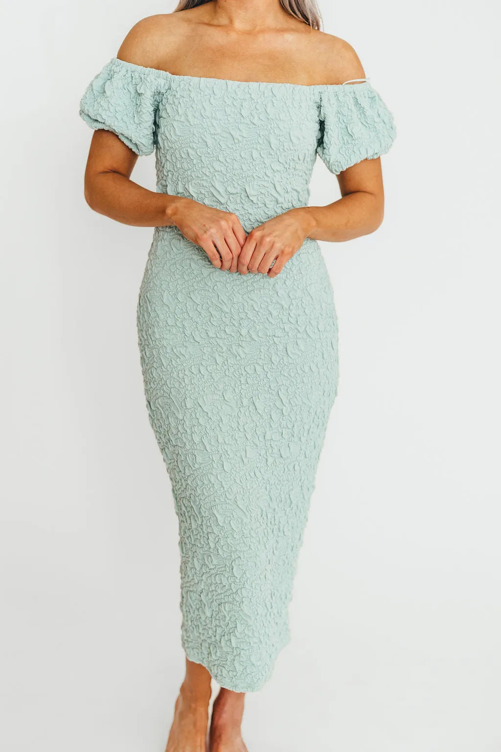 Blakeley Textured Midi Dress in Seafoam- Bump Friendly