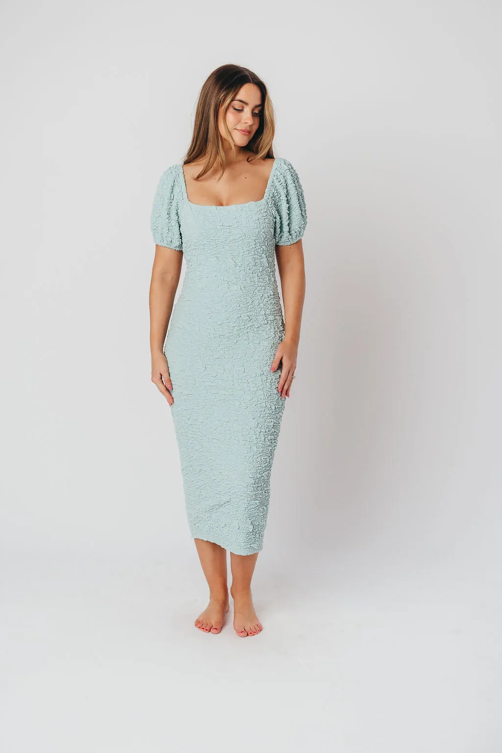 Blakeley Textured Midi Dress in Seafoam- Bump Friendly