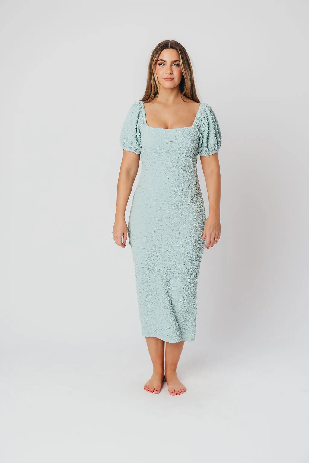 Blakeley Textured Midi Dress in Seafoam- Bump Friendly