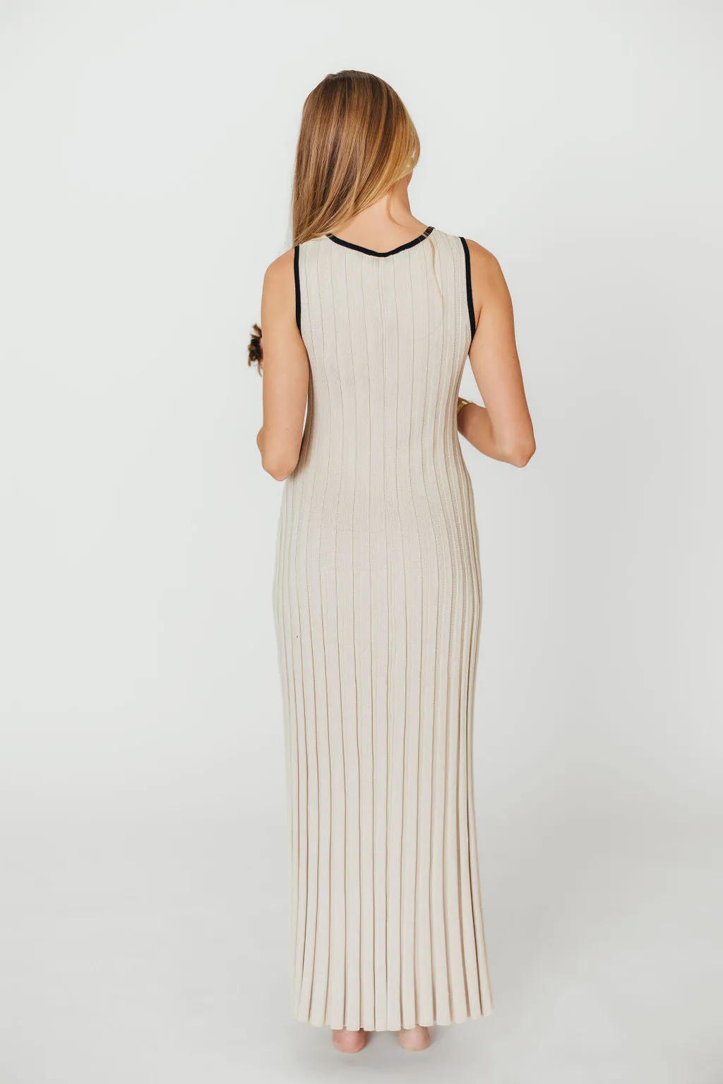 Brianne Button Down Ribbed Knit Maxi Dress in Taupe/Black