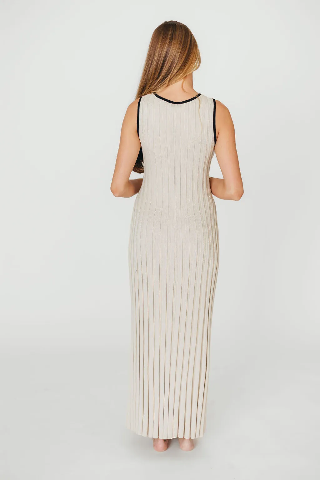 Brianne Button Down Ribbed Knit Maxi Dress in Taupe/Black