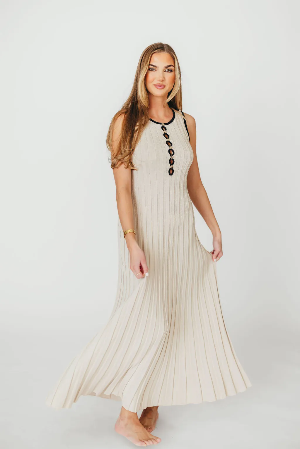 Brianne Button Down Ribbed Knit Maxi Dress in Taupe/Black