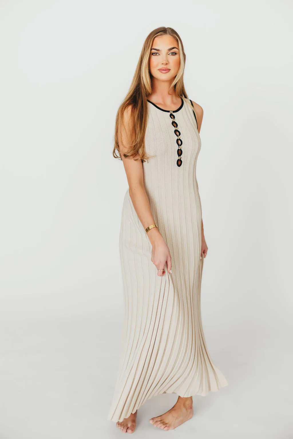 Brianne Button Down Ribbed Knit Maxi Dress in Taupe/Black