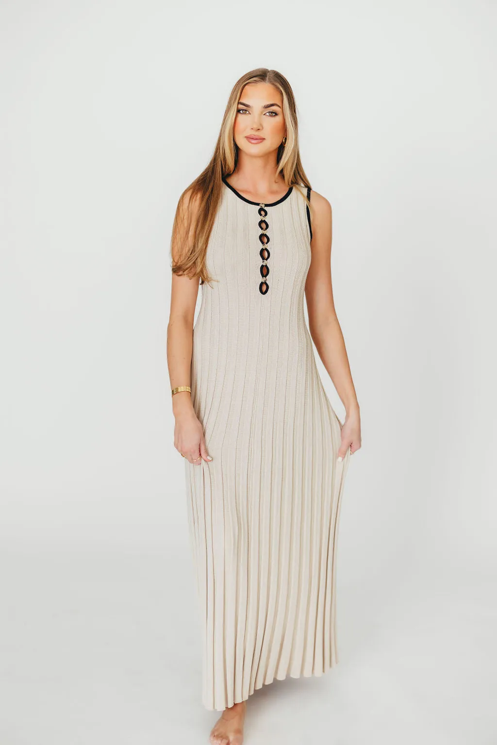 Brianne Button Down Ribbed Knit Maxi Dress in Taupe/Black