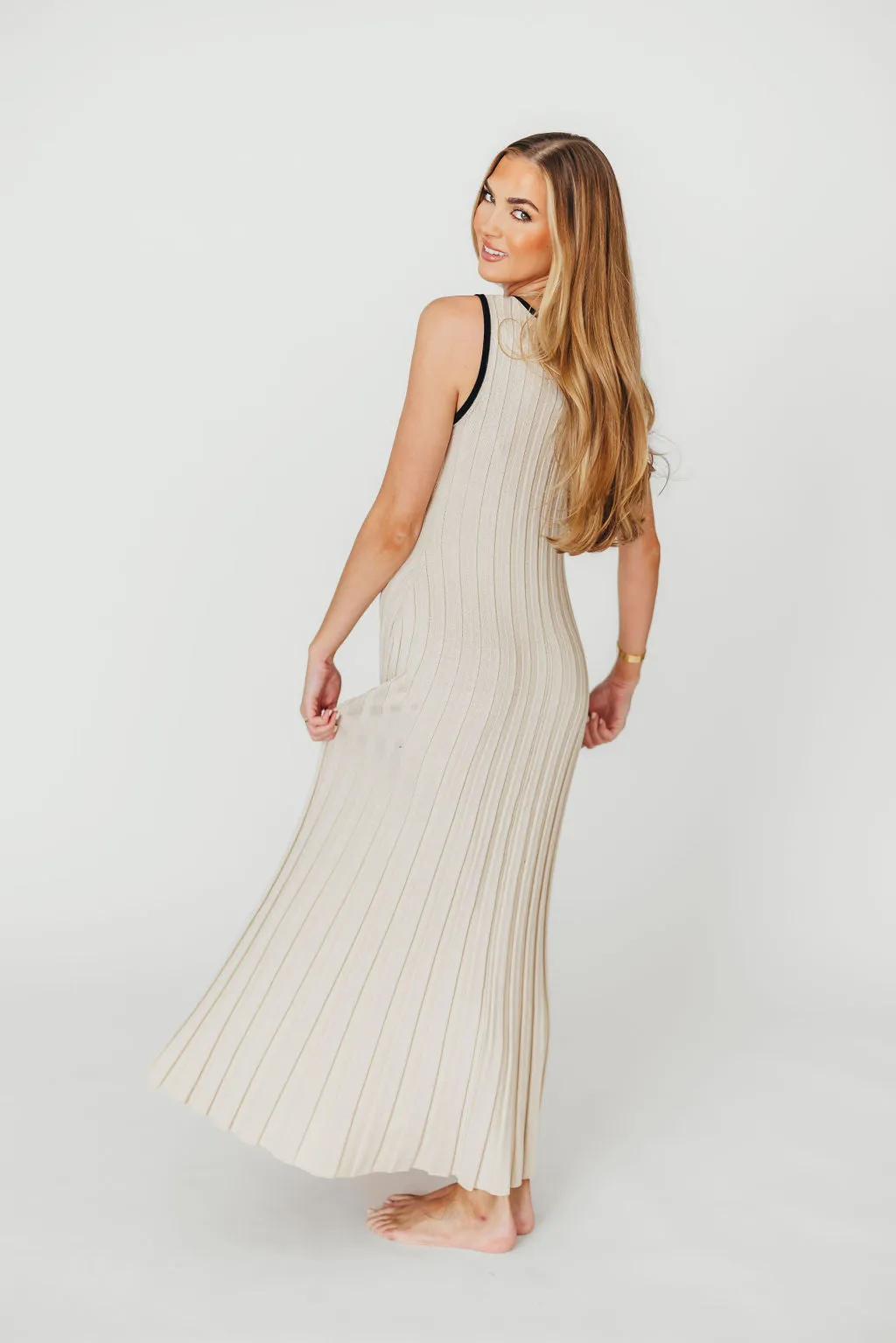 Brianne Button Down Ribbed Knit Maxi Dress in Taupe/Black