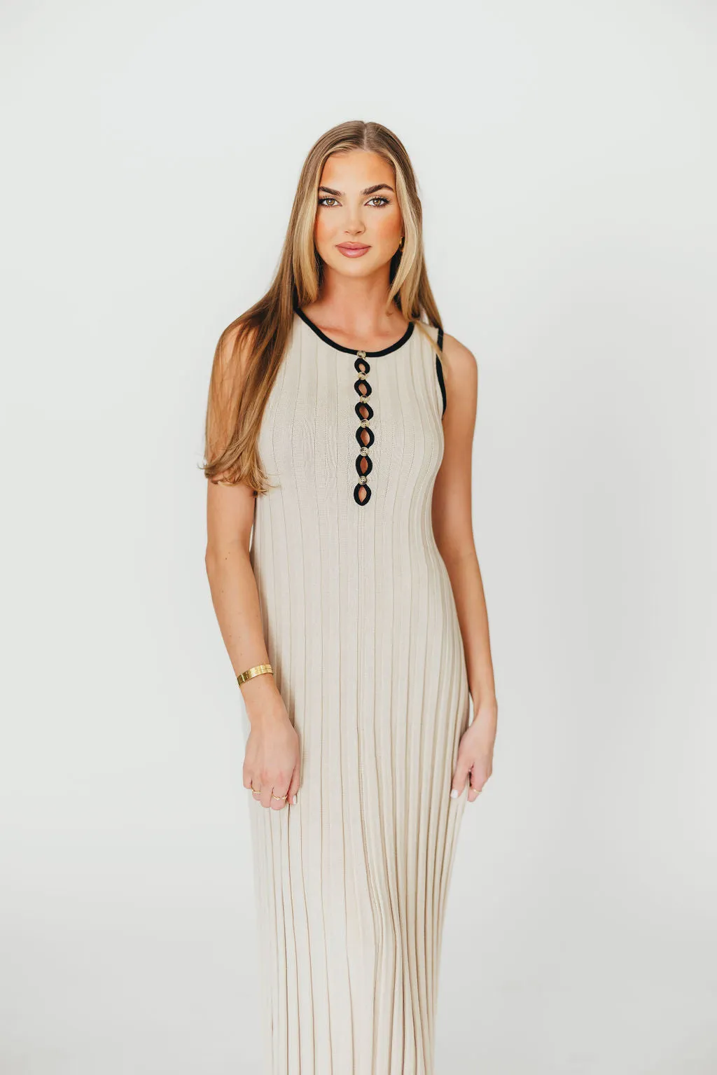 Brianne Button Down Ribbed Knit Maxi Dress in Taupe/Black