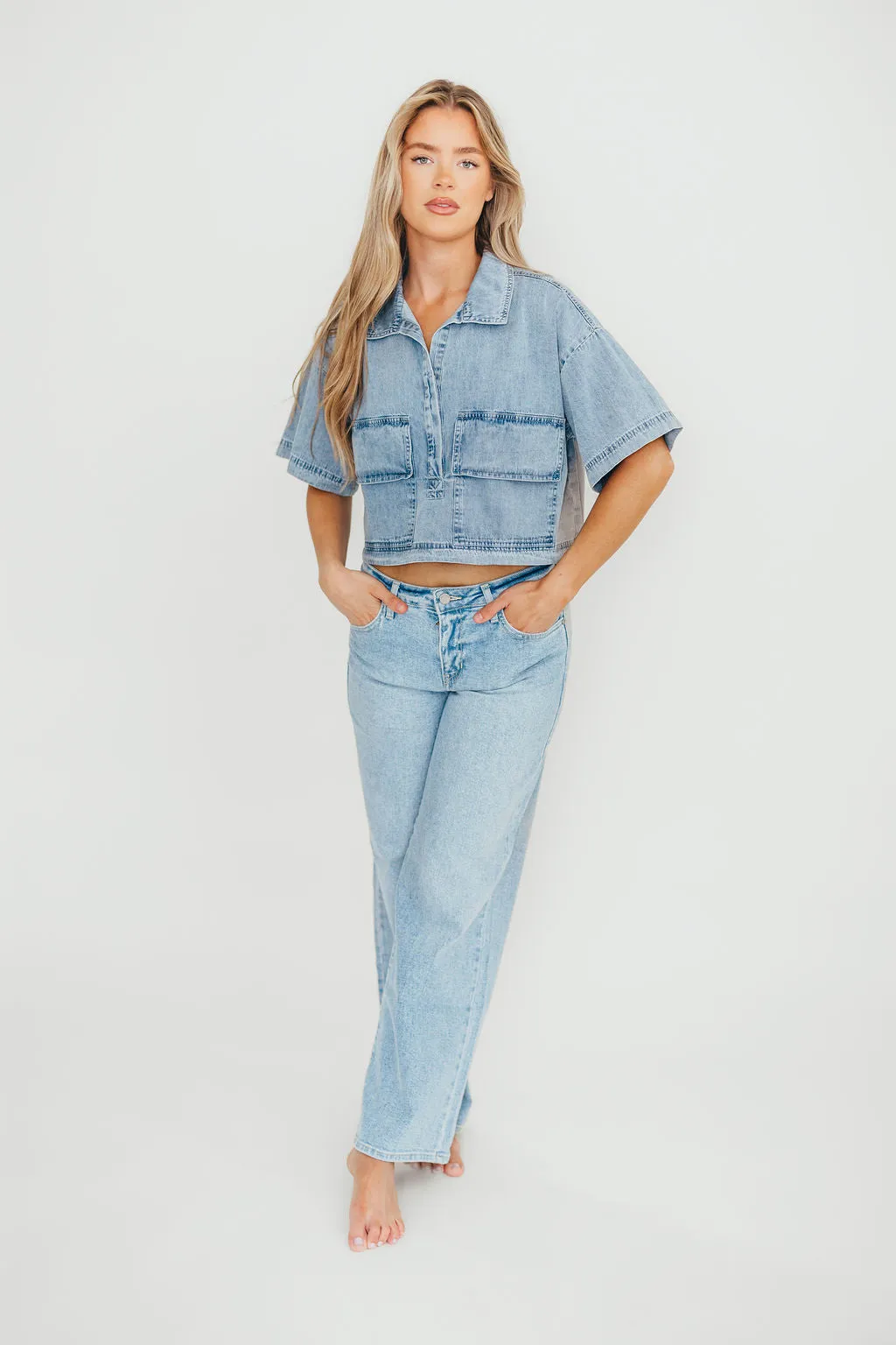 Carla 100% Cotton Chambray Cropped Shirt