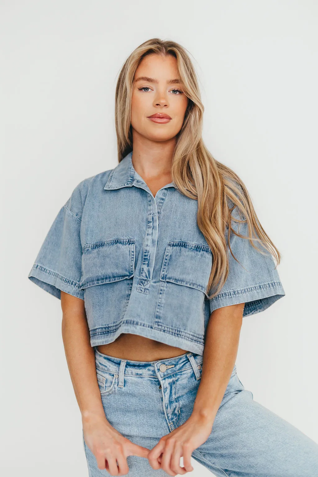 Carla 100% Cotton Chambray Cropped Shirt