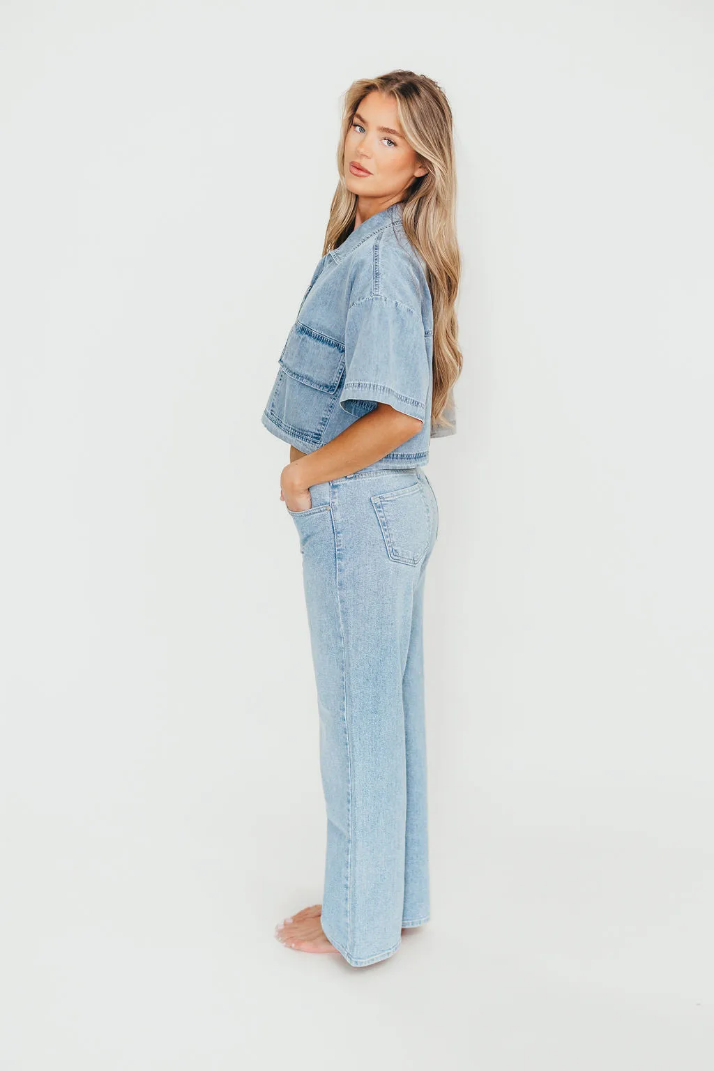 Carla 100% Cotton Chambray Cropped Shirt