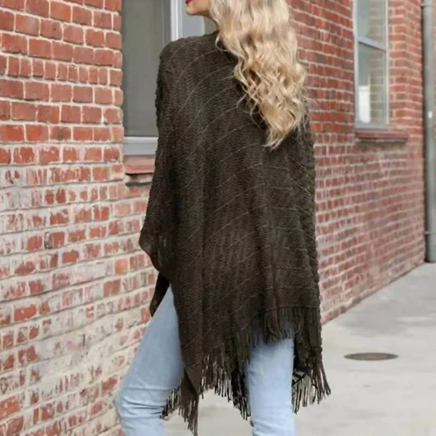 Diagonal Knit Tassel Ruana Shawl Wrap In Green