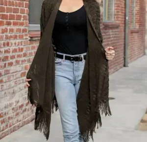 Diagonal Knit Tassel Ruana Shawl Wrap In Green