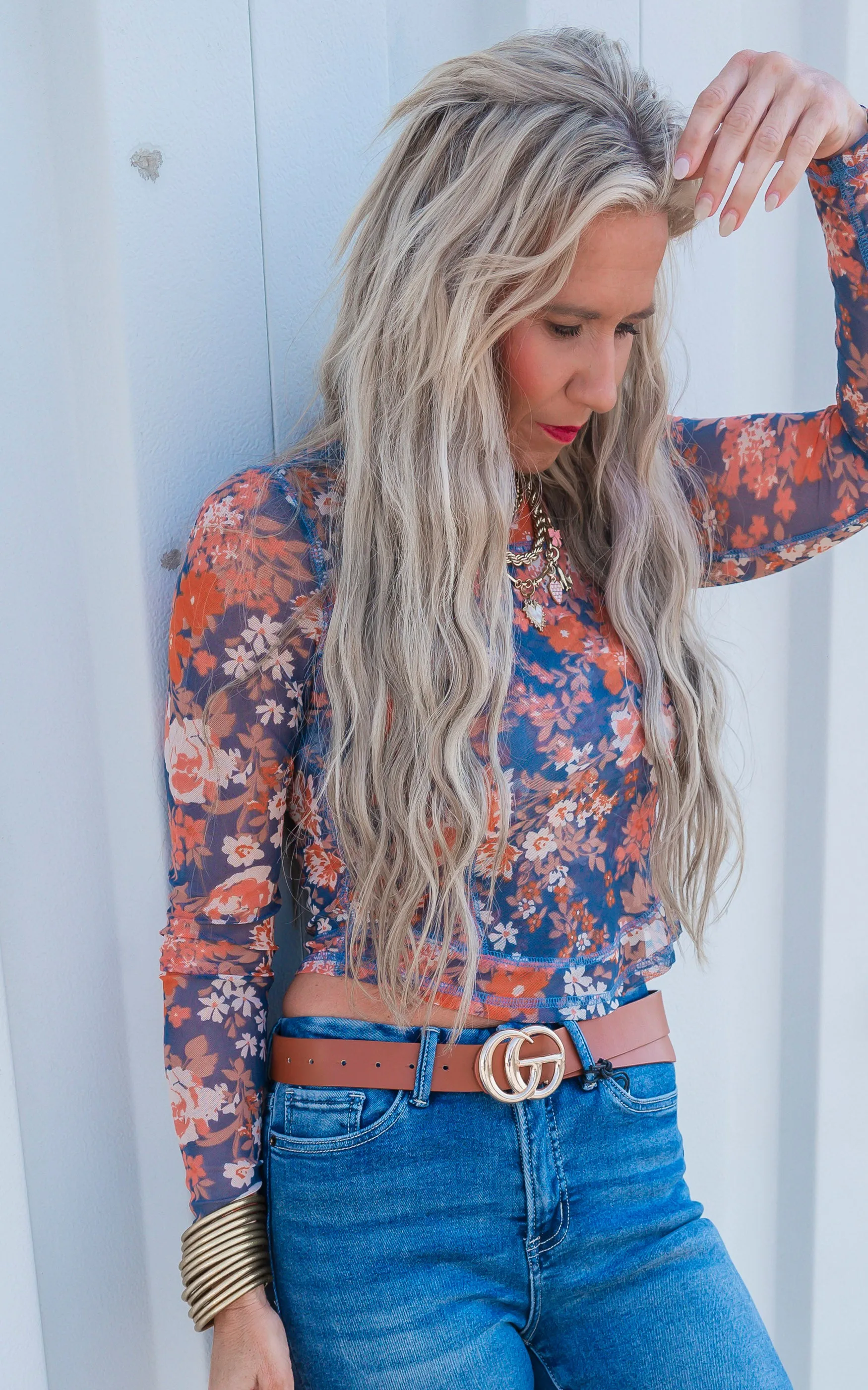 Floral Print Mesh Fitted Long Sleeve Top** -Final Sale
