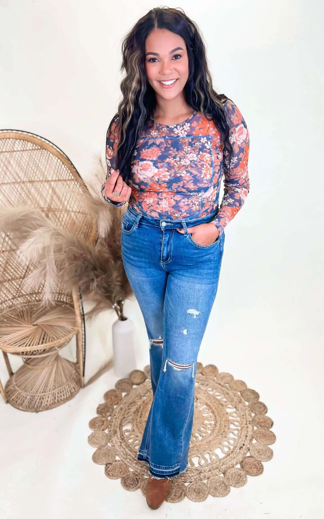 Floral Print Mesh Fitted Long Sleeve Top** -Final Sale