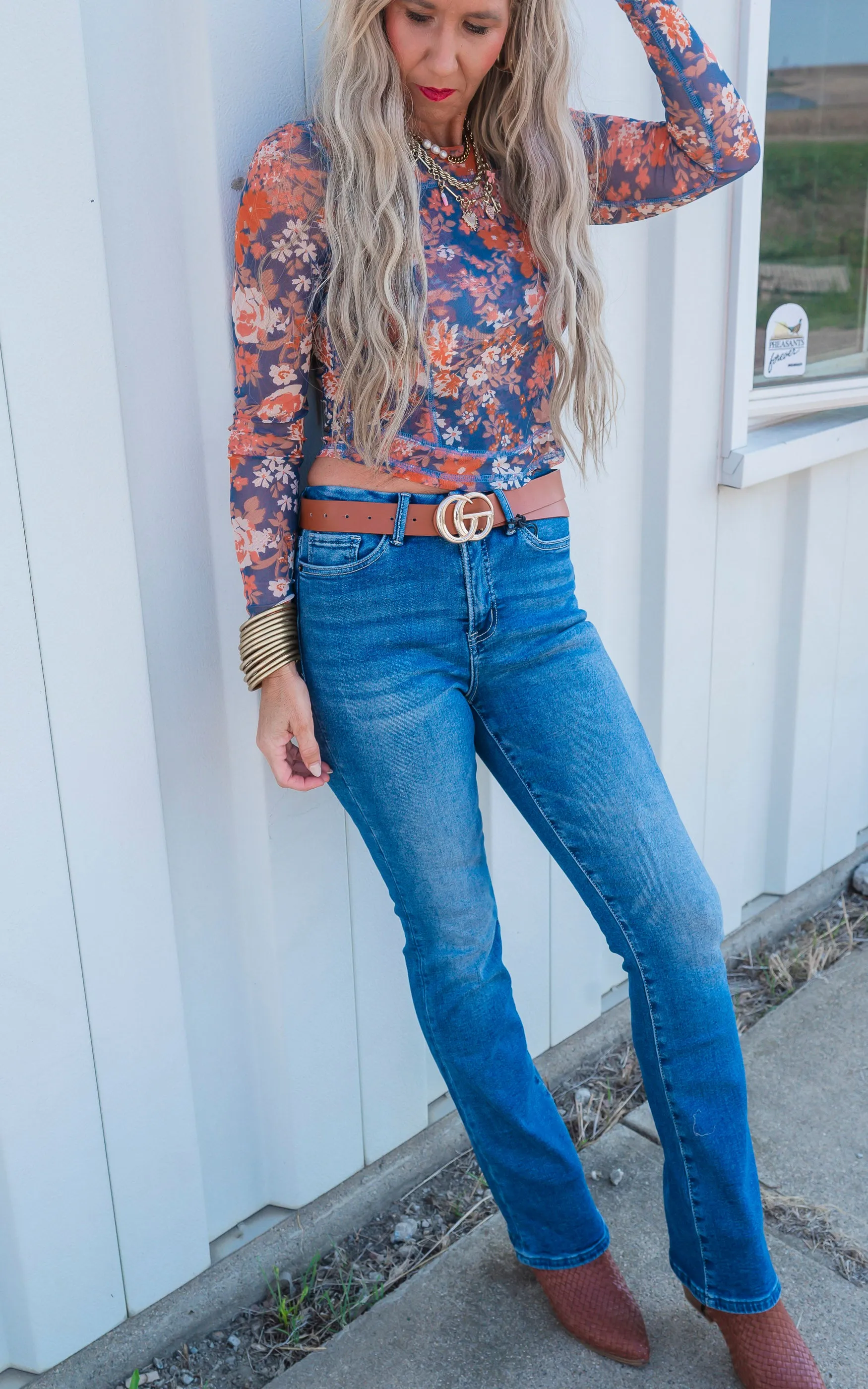 Floral Print Mesh Fitted Long Sleeve Top** -Final Sale