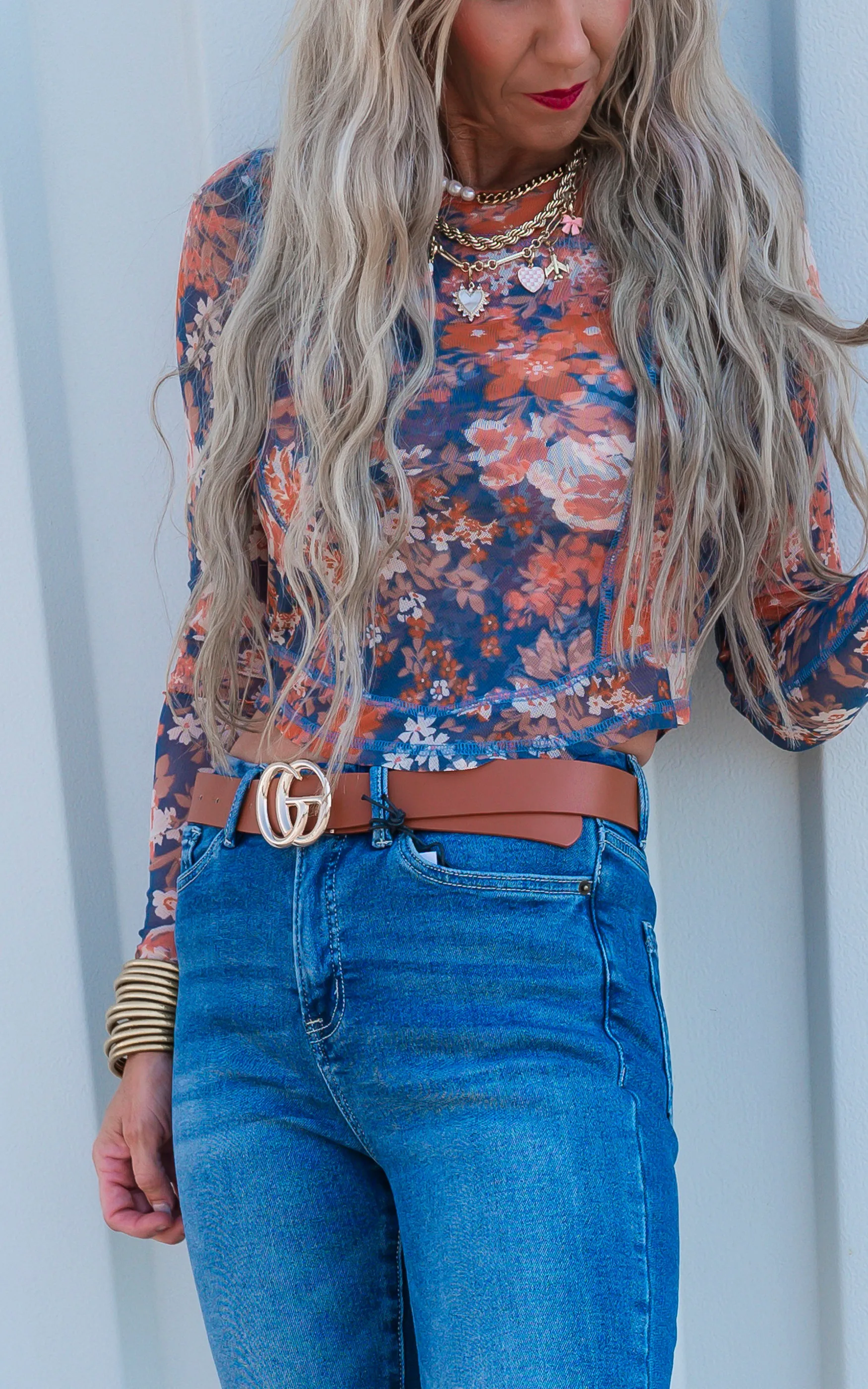 Floral Print Mesh Fitted Long Sleeve Top** -Final Sale