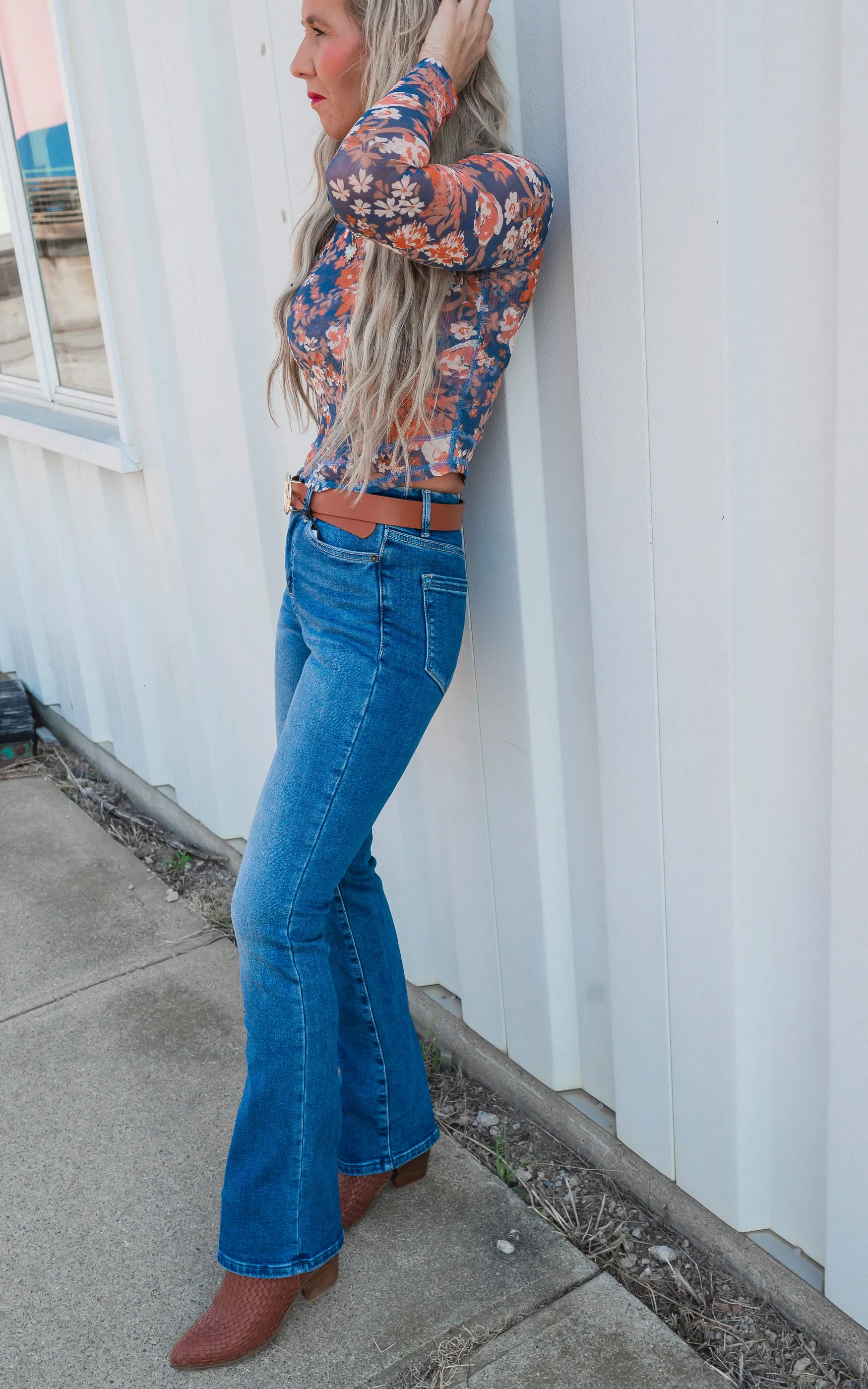 Floral Print Mesh Fitted Long Sleeve Top** -Final Sale