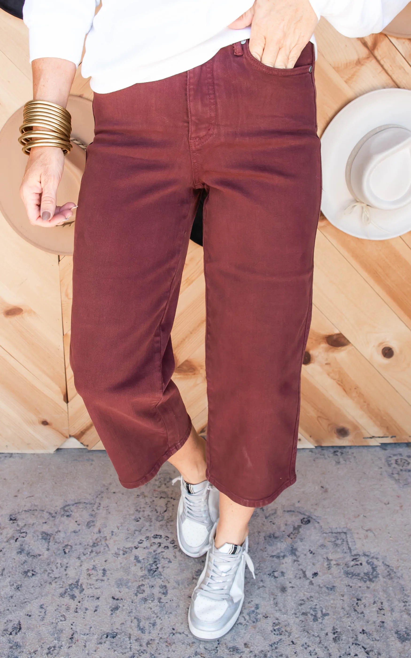 Judy Blue Tummy Control High Rise Wide Crop Denim Jeans | Dark Red - Final Sale
