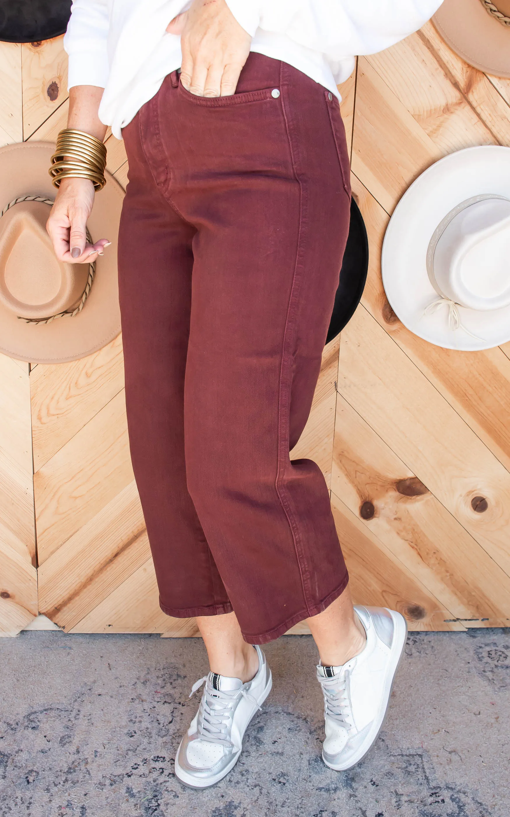 Judy Blue Tummy Control High Rise Wide Crop Denim Jeans | Dark Red - Final Sale