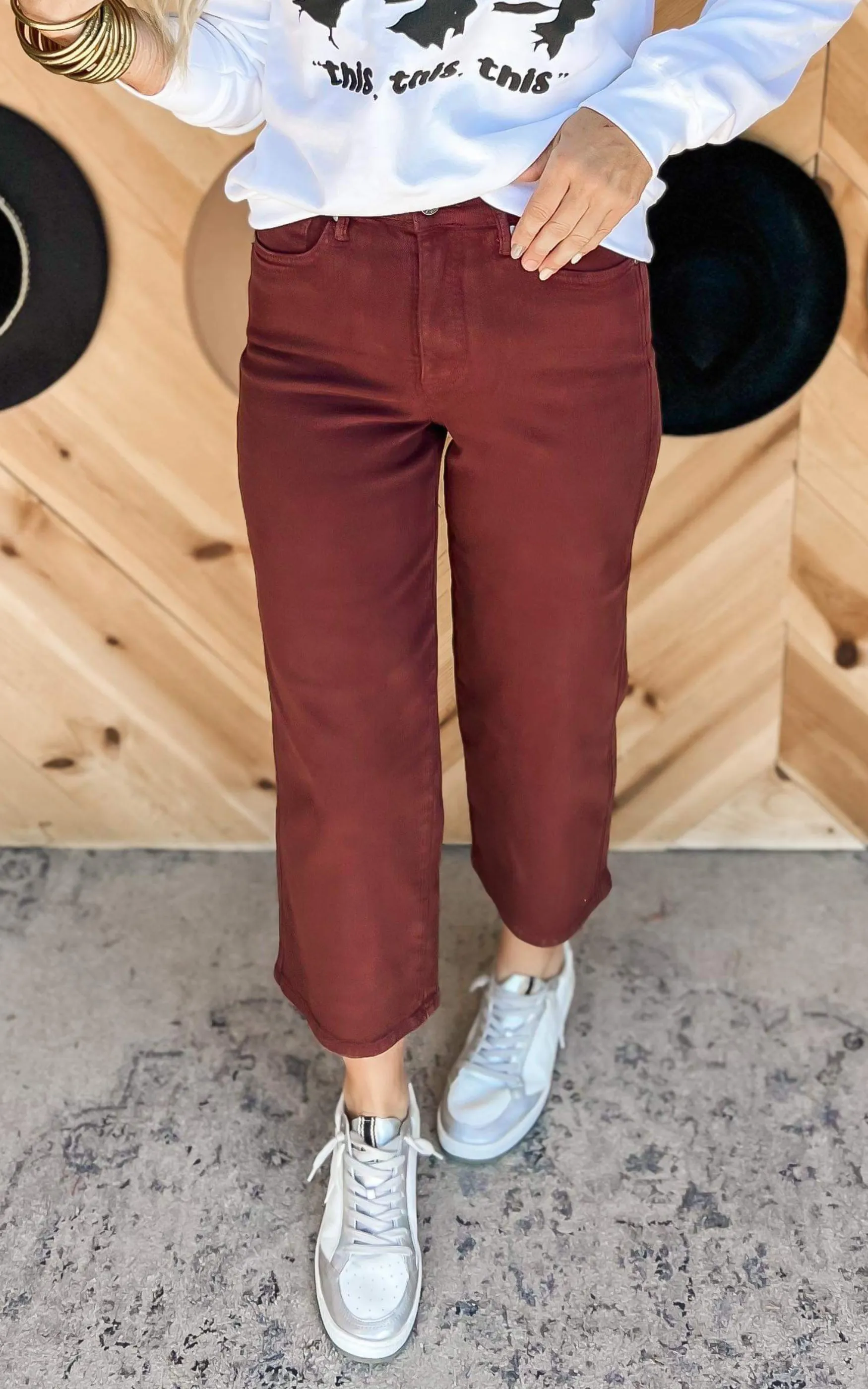 Judy Blue Tummy Control High Rise Wide Crop Denim Jeans | Dark Red - Final Sale